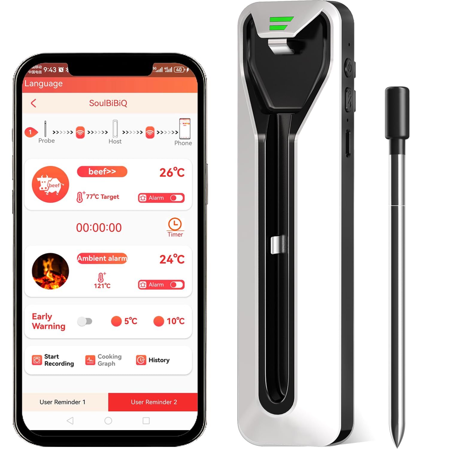 Upgraded Bluetooth Smart Meat Thermometer - Wireless Digital Food Thermometer for Grilling, BBQ, Oven, Smoker, Air Fryer & Rotisserie | Perfect for Outdoor Cooking, Home Kitchen & Professional Chefs