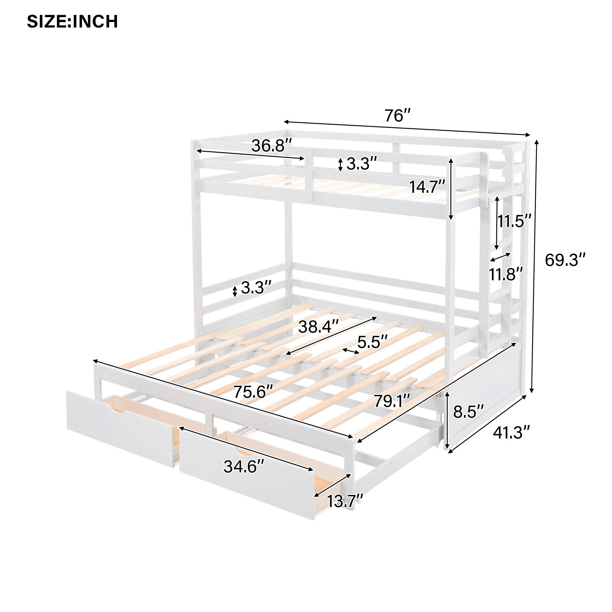 Solid Wood Twin Over Twin/Full/King Bunk Bed with 2 Storage Drawers & Ladder - Convertible to Daybed or Loft Bed - Kids Bedroom Furniture for Small Spaces & Sleepovers (White)