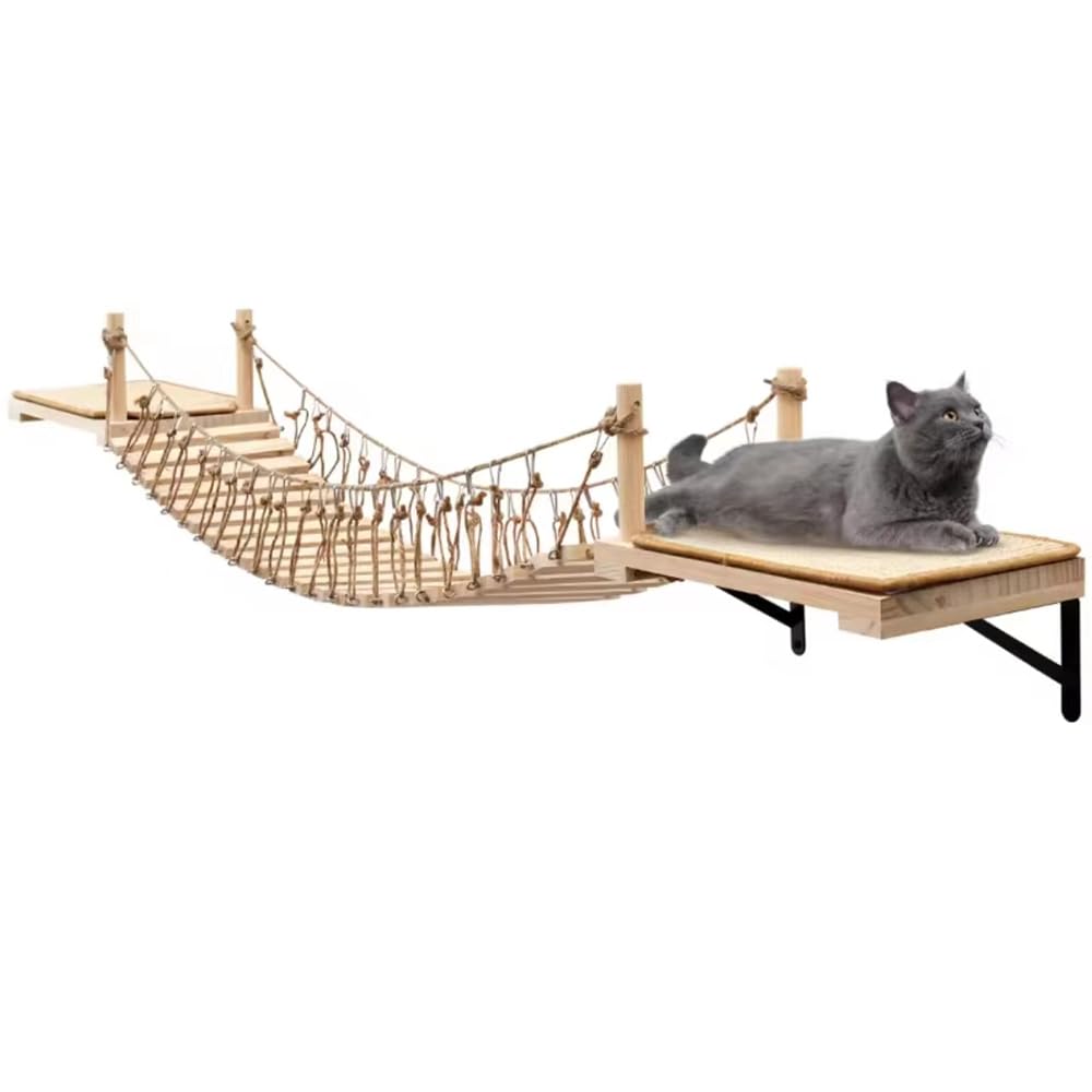 **Wall-Mounted Cat Rope Bridge & Shelves - Wooden Cat Wall Furniture for Indoor Cats, Climbing, Sleeping & Play - Includes Sisal Scratch Mat - Perfect for Small Spaces & Cat Enrichment**