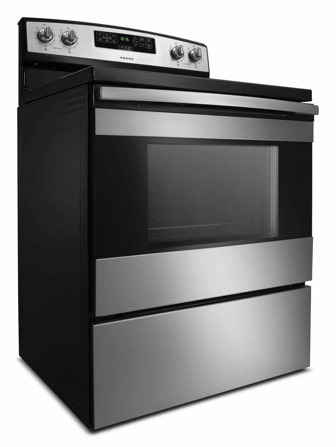 Amana ACR4303MFS 30 Inch Electric Range with Bake Assist Technology - Black Stainless Steel Finish for Modern Kitchens & Home Baking