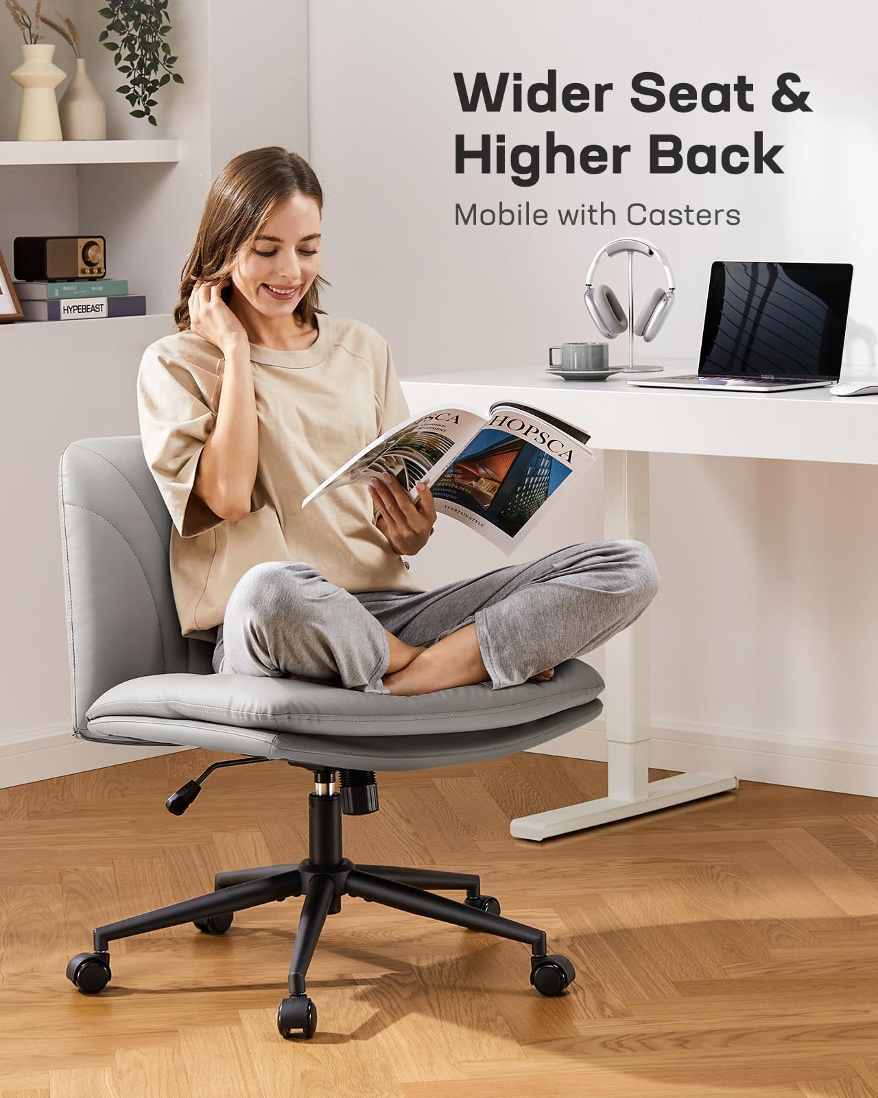 Marsail Armless Office Desk Chair with Wheels - PU Leather Cross Legged Wide Computer Chair, Adjustable Swivel Task Chair for Home & Office, Small Space Solution (Grey) | Perfect for Workstations, Gaming, Makeup Vanity & Bedroom Use