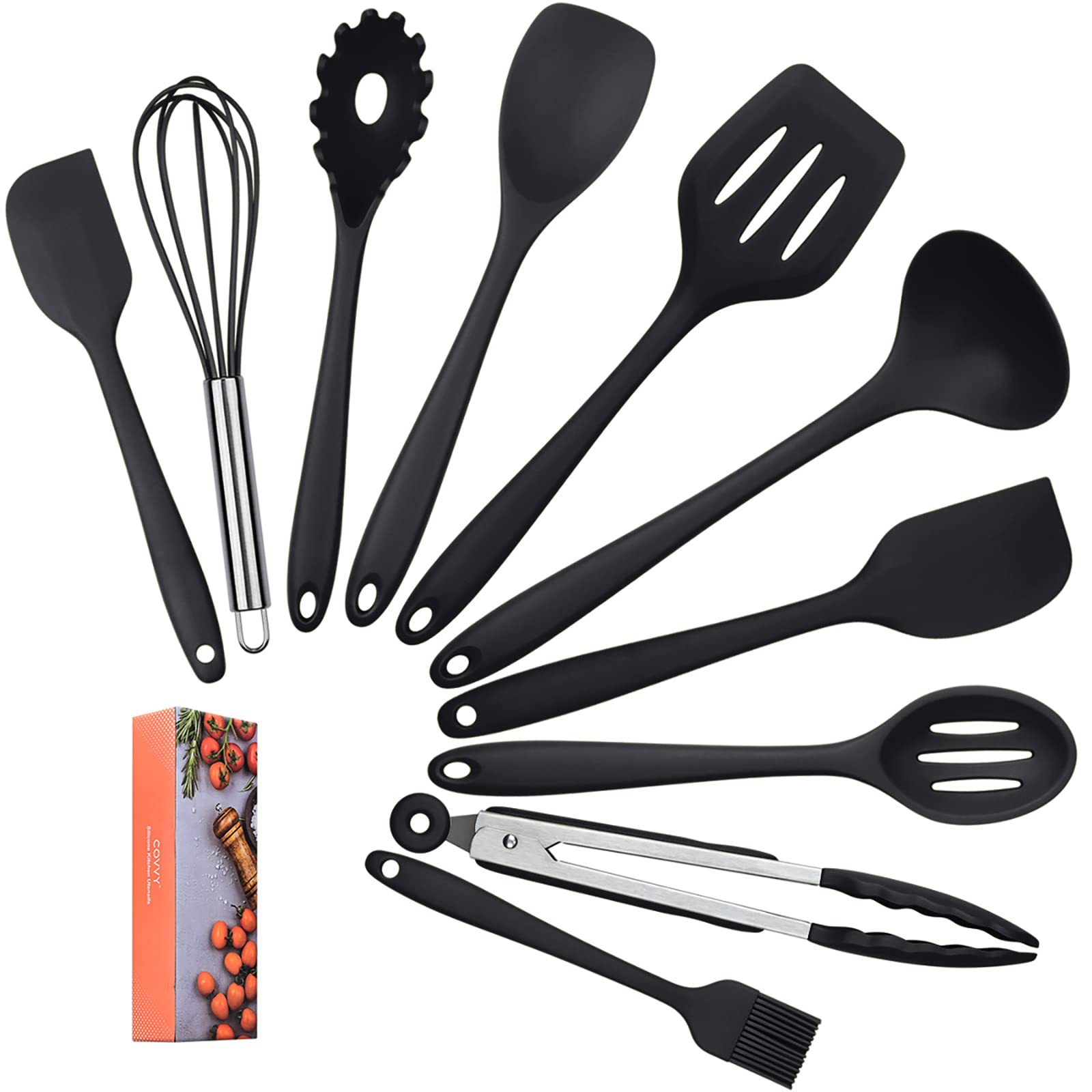 COVVY 10-Piece Silicone Kitchen Utensil Set - Heat Resistant, Non-Stick & Scratch-Free Cooking Tools for Baking, Frying & Mixing - Perfect for Everyday Cooking & Gift Giving (Black)