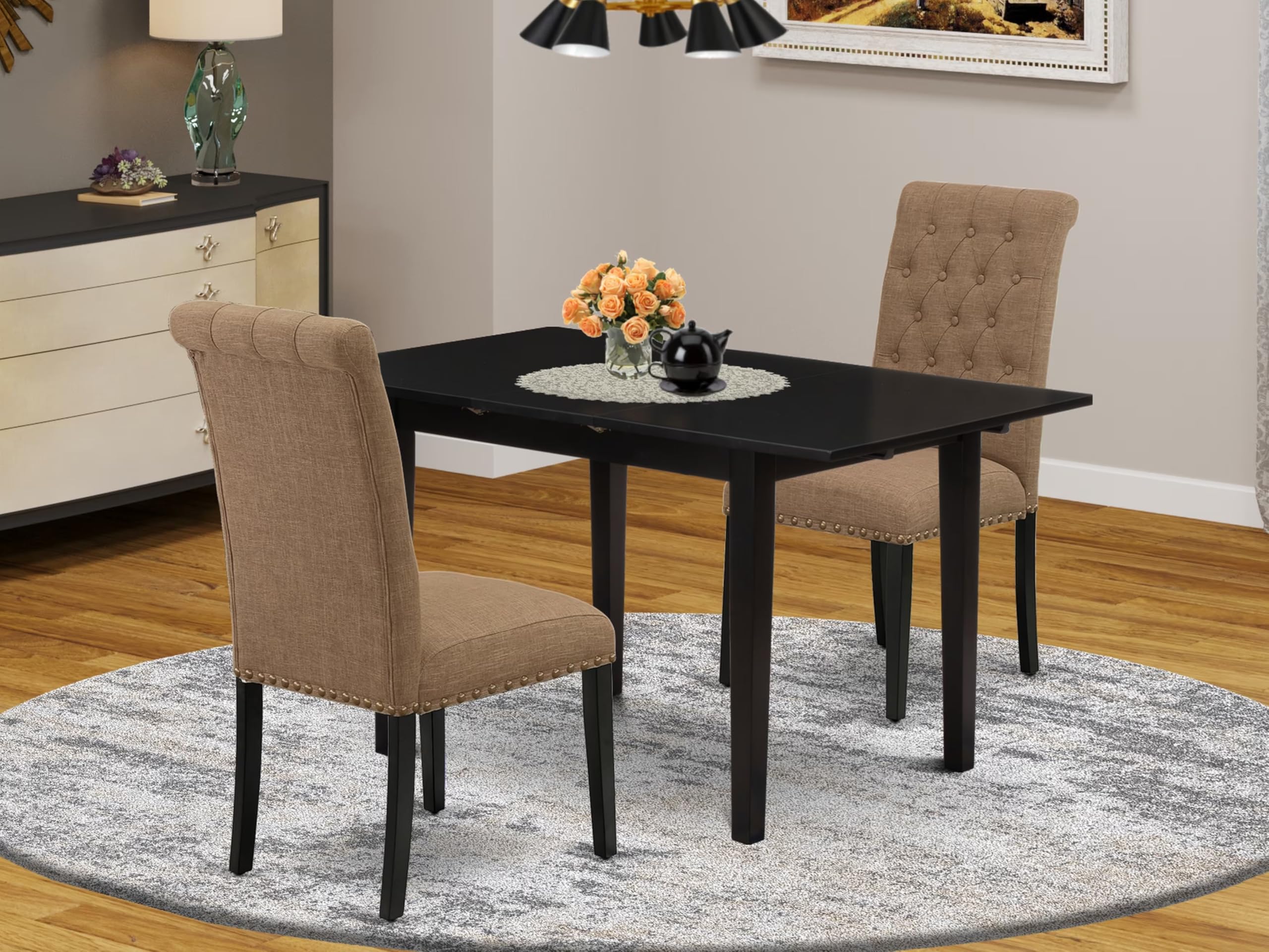 East West Furniture 3-Piece Dining Room Table Set with Butterfly Leaf - Black Rectangle Kitchen Table & 2 Light Sable Linen Parson Chairs, 32x54 Inch | Perfect for Small Space Dining Rooms, Breakfast Nooks & Apartment Living