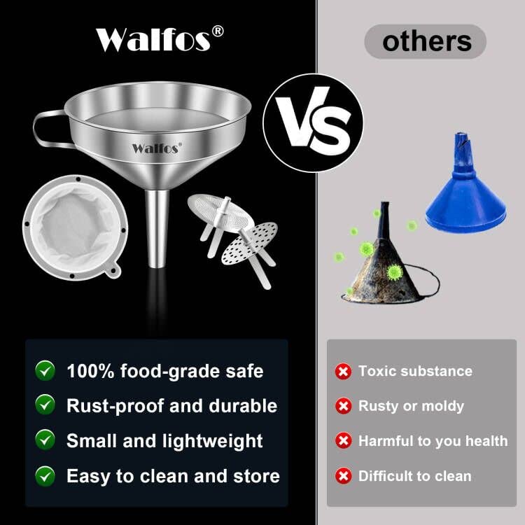 Premium Stainless Steel Kitchen Funnel with 2 Removable Strainers & Cleaning Brush - Ideal for Liquids, Oils, Jam, Dry Ingredients & Powder Transfer (4.9