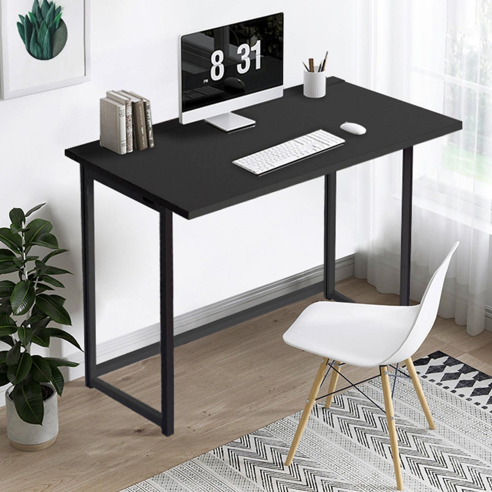 Foldable Study Computer Desk - Modern Black Rectangular MDF Wood Finish Table for Home Office, Dorm Room & Outdoor Use | Space-Saving Workstation for Studying, Working & Laptop Use