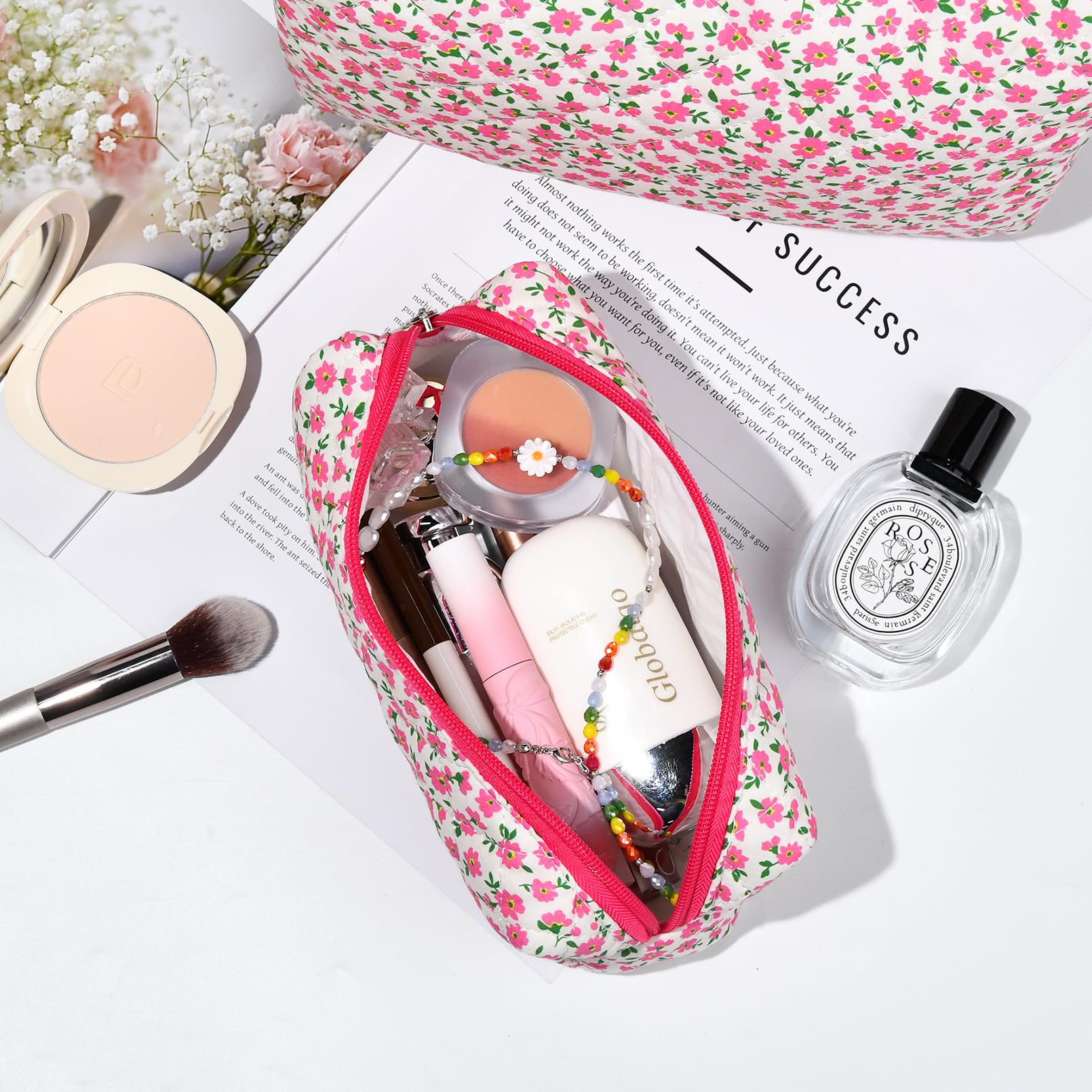 2 Pack Floral Quilted Makeup Bags for Women - Large Cotton Cosmetic Pouch, Travel Toiletry Organizer, Cute Aesthetic Puffer Bag for Girls (Perfect for Travel, Gym, Daily Use & Gift)