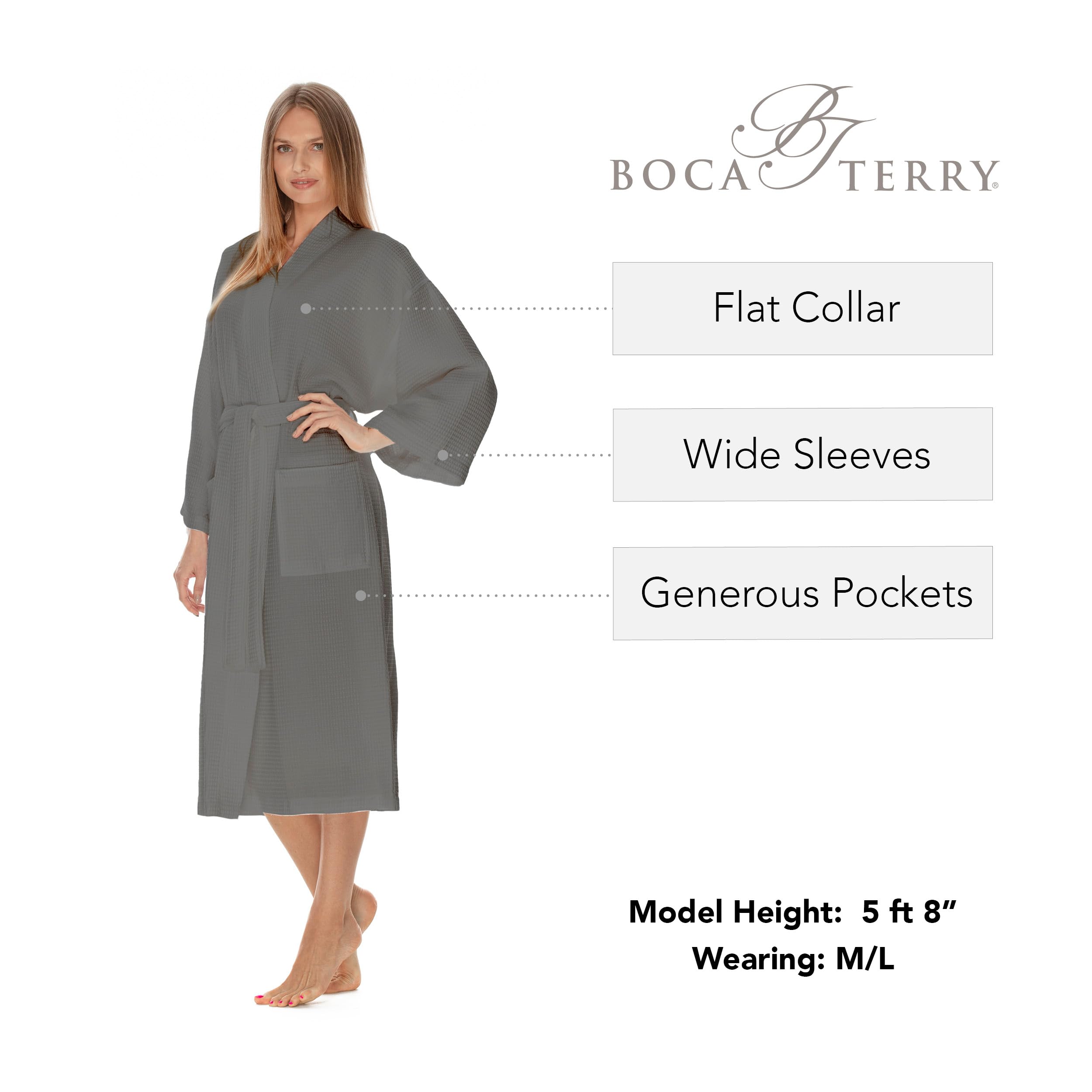 BOCA TERRY Women's Waffle Knit Robe - Soft Long Cotton Kimono Bathrobe for Spa, Hotel & Home Relaxation | Cozy Loungewear for Morning Coffee & Self-Care Evenings