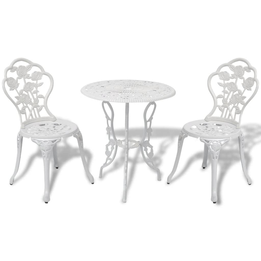 vidaXL 3-Piece White Outdoor Patio Bistro Set with Round Table & 2 Chairs - Durable Cast Aluminum Top & Iron Legs with Floral Design - Perfect for Garden, Balcony or Backyard Dining