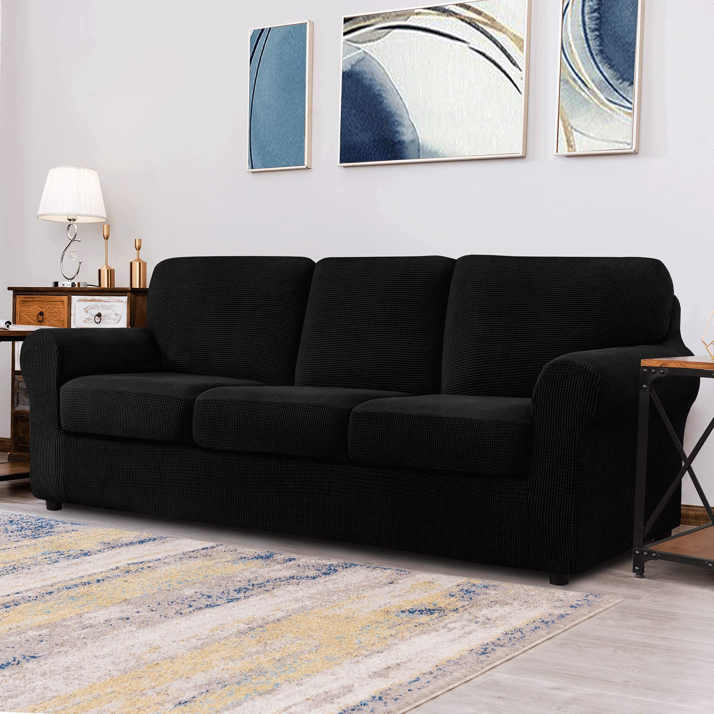 CHUN YI Loveseat Sofa Cover Set - Large Couch Slipcover with Removable Backrest & Cushion Covers, Stretchable Jacquard Fabric in Classic Checkered Pattern (Black) | Perfect for Living Room, Family Room, or Office Furniture Protection