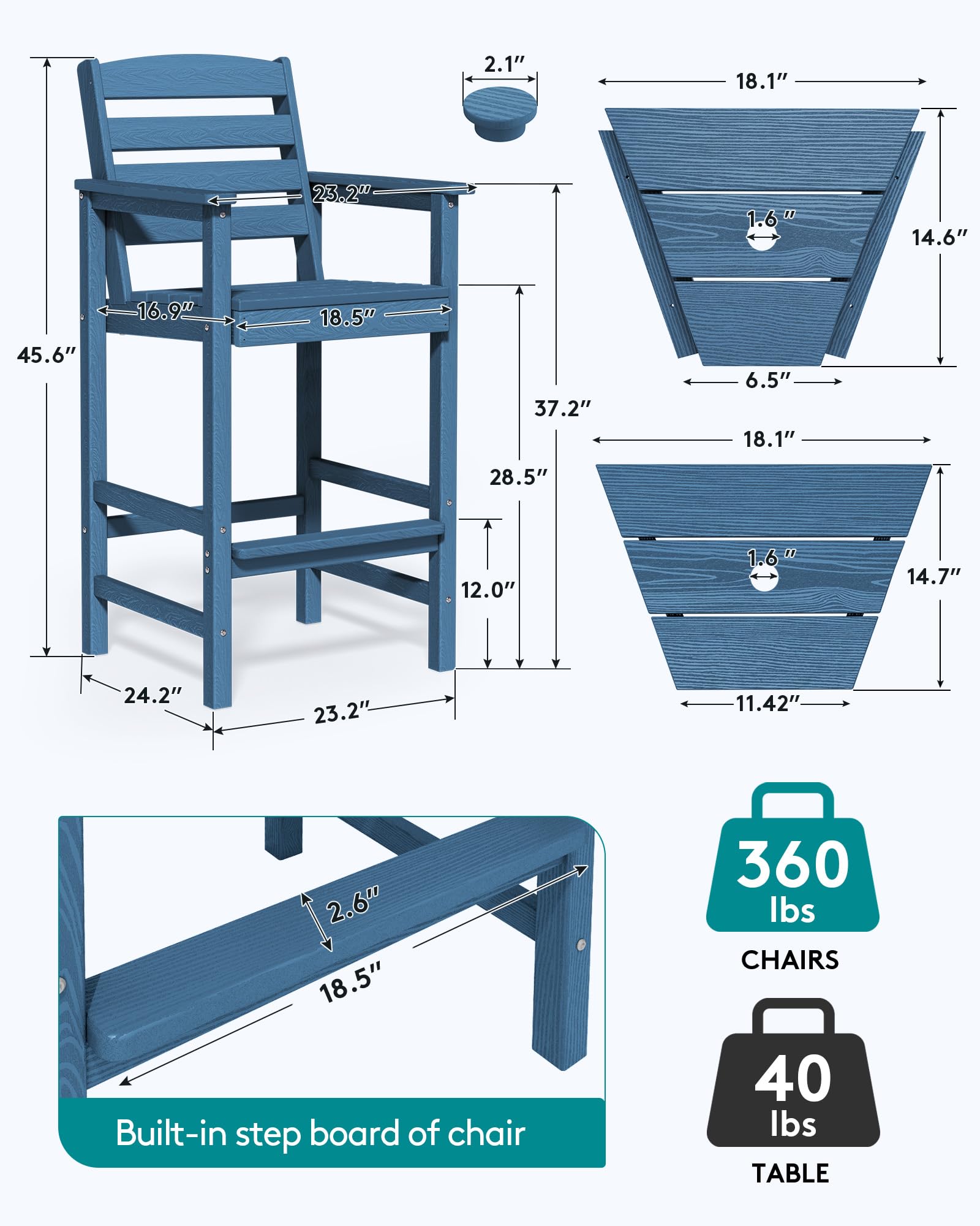 SERWALL 2-Piece Blue Tall Adirondack Chair Set with Connecting Table - Outdoor Patio Furniture for Garden, Poolside, and Backyard Relaxation