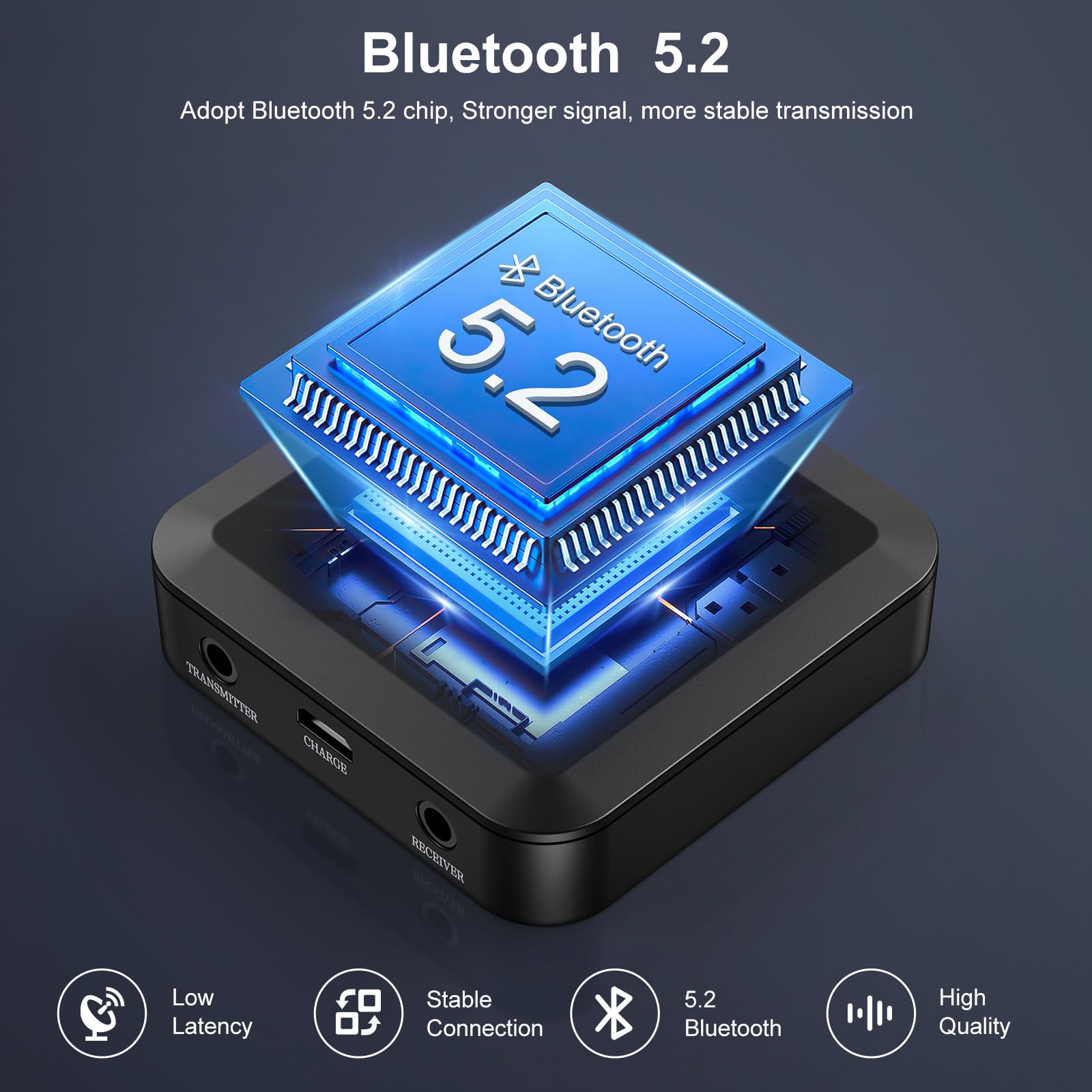 JXTZ Bluetooth 5.2 Transmitter Receiver with aptX Low Latency HD Audio, Dual Connect Wireless Adapter, 3.5mm AUX Output for Car Speakers, Headphones, TV, Airplane, and Home Entertainment