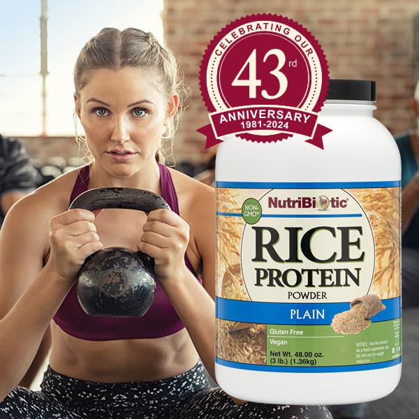 NutriBiotic Plain Rice Protein Powder, 3 Lb (1.36kg) - Vegan, Gluten-Free, Non-GMO, Keto Friendly, Low Carb Protein Supplement for Smoothies, Baking & Post-Workout Recovery | Easy to Digest & Chemical-Free