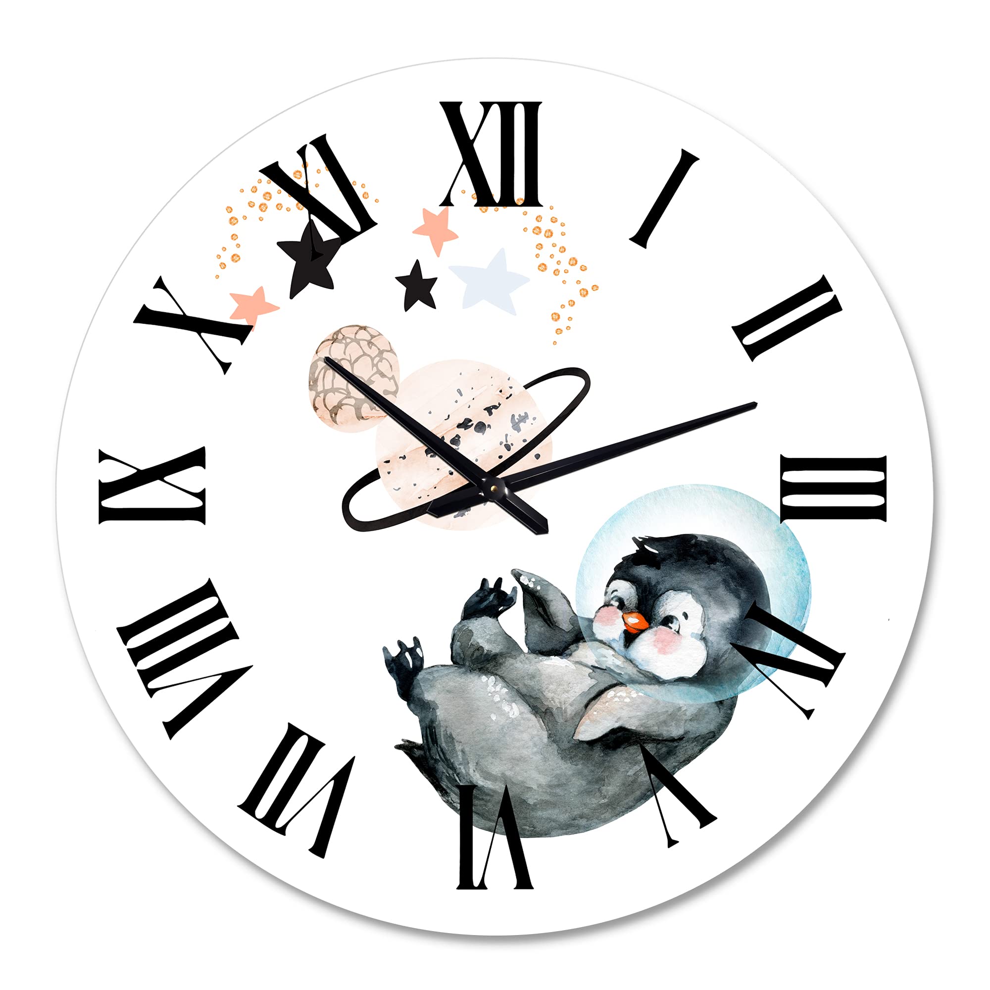 Farmhouse Wall Clock - Little Penguin with Stars & Planets Design, Large Decorative Wall Clock for Living Room, Bedroom, Kitchen | Perfect for Home, Office & Nursery Decor