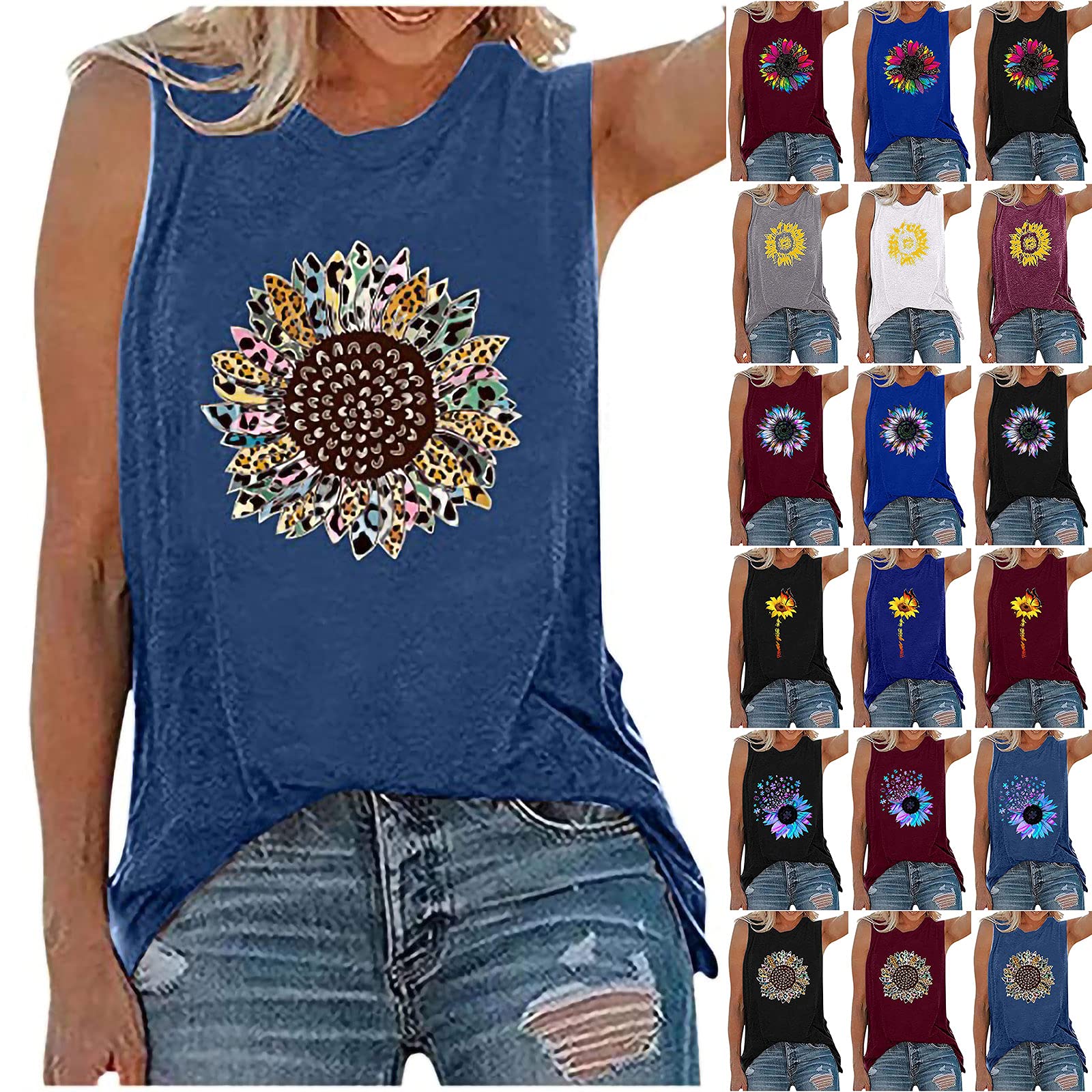 Trendy Women's 4th of July Tank Tops - Cute Sunflower Print Sleeveless Blouse, Casual Loose Fit Summer Tee Shirt | Perfect for Independence Day Celebrations, Beach Outings & Summer Vacations