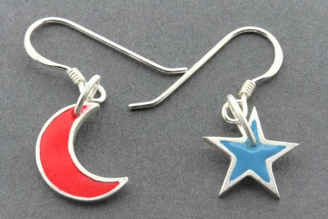 Handmade Blue Star & Red Moon Drop Earrings - Enamel Dangle Jewelry for Women - Perfect for Parties, Weddings & Everyday Wear