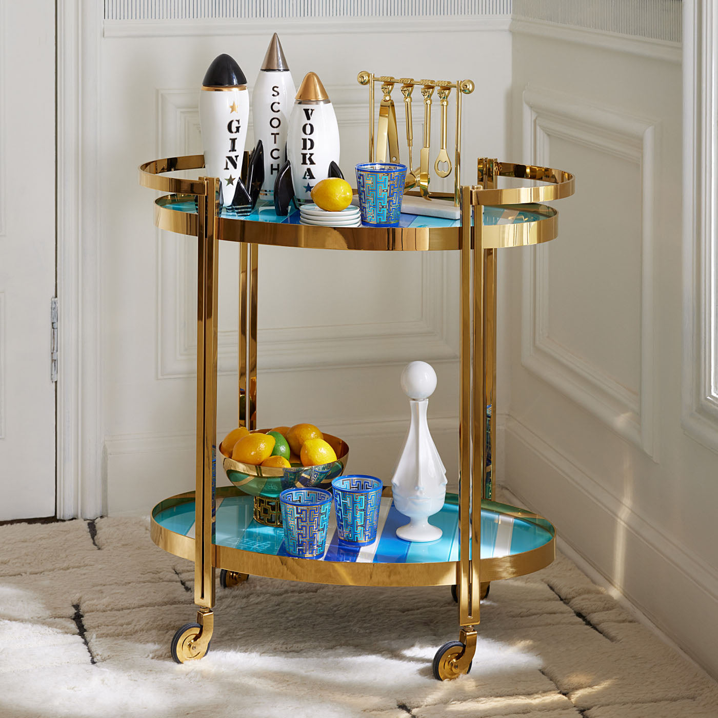 Stylish Ultramarine Bar Cart with Wheels - Modern Rolling Drink Cart for Home Bar, Kitchen, or Outdoor Entertaining - Perfect for Cocktails, Wine, and Party Serving