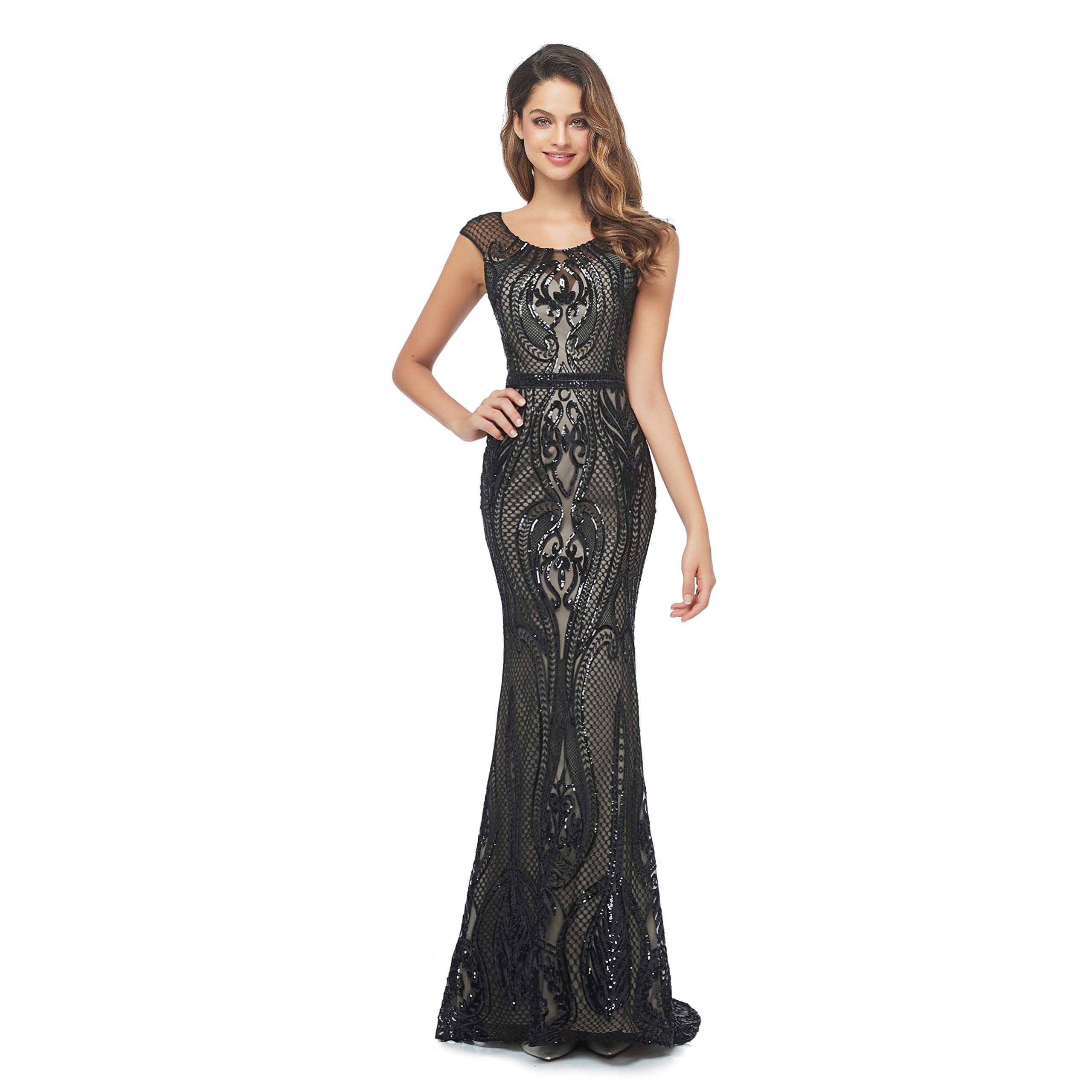 Elegant Women's Sequins Embroidery Mermaid Long Prom Dress with Cap Sleeve Crewneck - Perfect for Evening Gowns, Formal Events, Pageants & Special Occasions