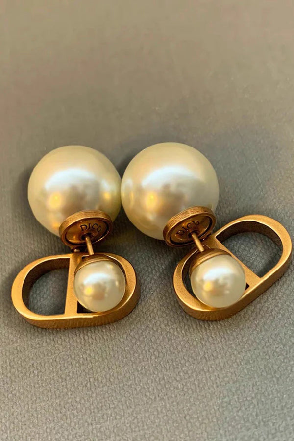 Vintage Double D Shape Pearl Earrings for Women - Elegant White Pearl Stud Earrings for Daily Wear, Parties & Special Occasions