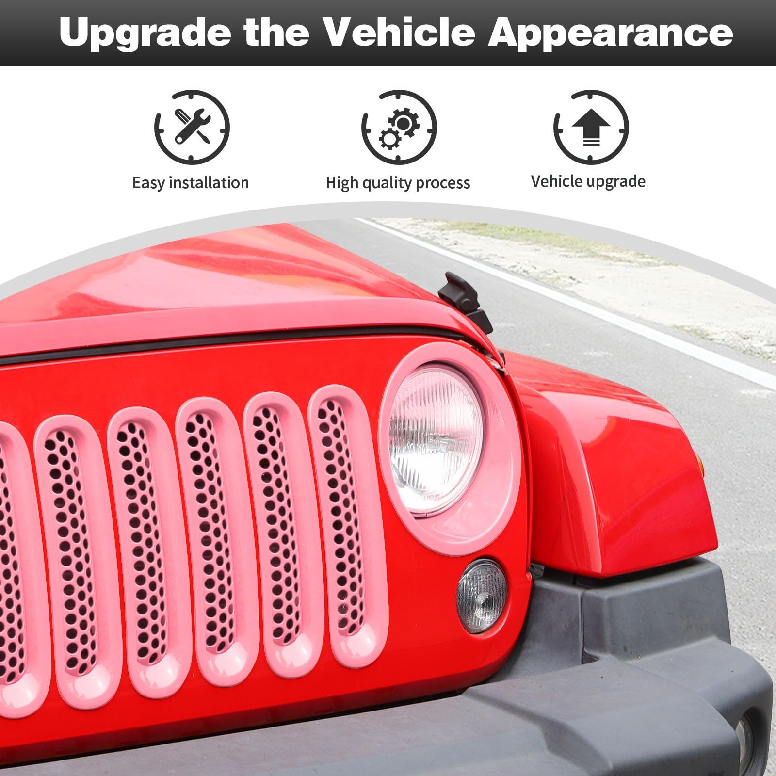 CheroCar Pink Mesh Grille Insert & Headlight Cover Trim for Jeep Wrangler JK (2007-2017) | Exterior Accessories | Off-Road Style Upgrade & Custom Look