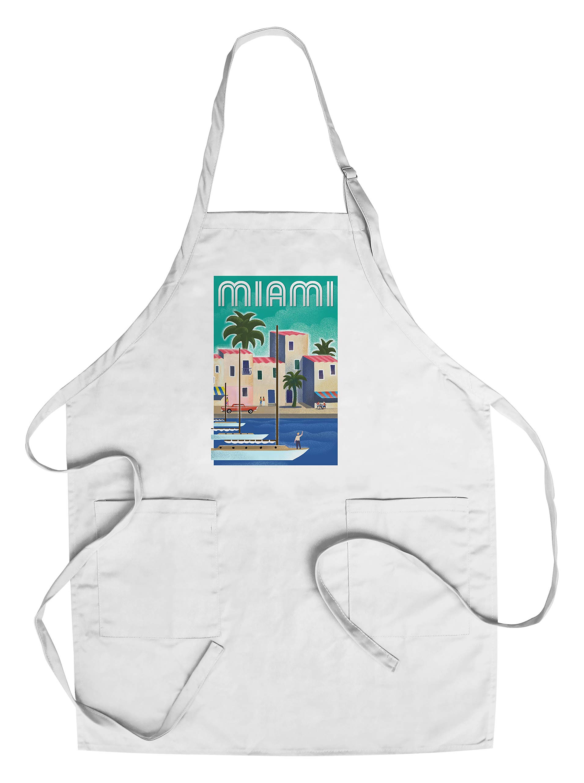**Miami Florida Lithograph Cotton Canvas Apron - Unisex Kitchen Cooking Baking Grilling Apron with Pockets - Perfect for Chefs, BBQ & Home Cooking**