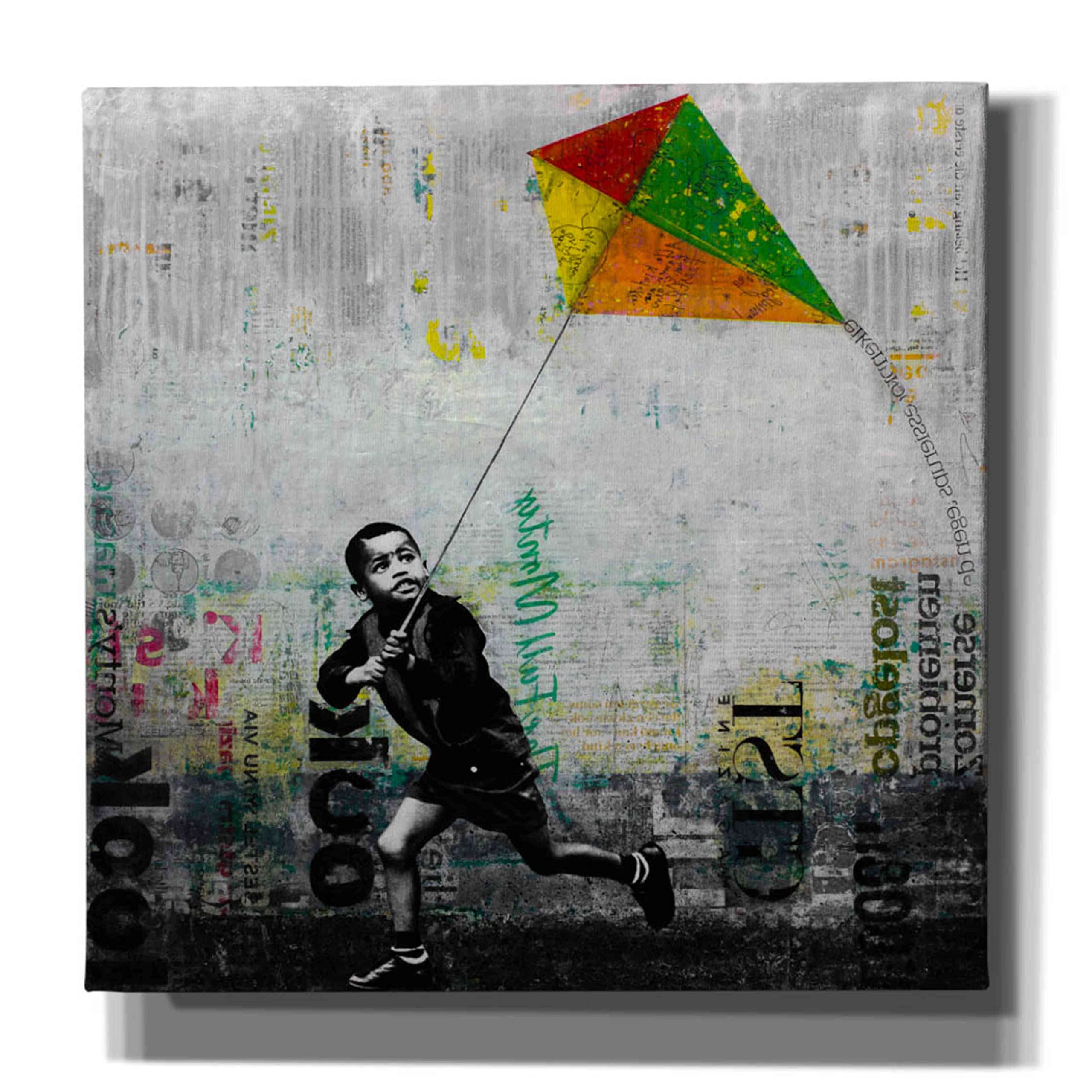 Epic Graffiti 'Kid with Kite' by DB Waterman - 37x37 Inch Modern Wall Art Canvas Print for Living Room, Bedroom & Office Decor