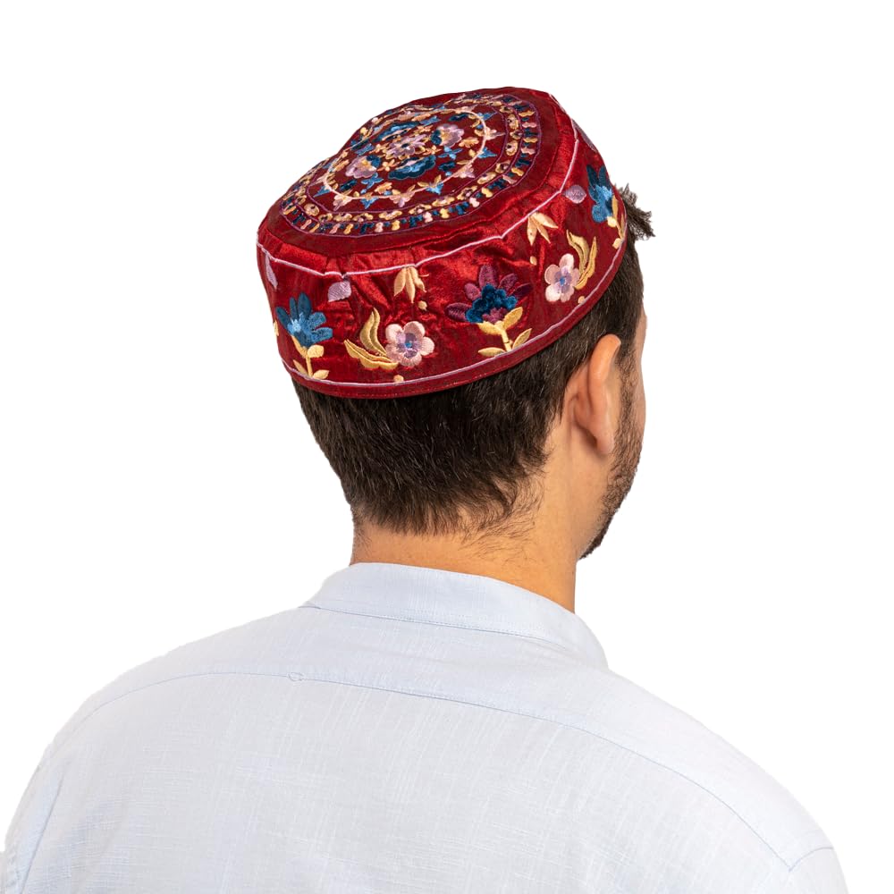 Hand Embroidered Maroon Floral Kippah - Traditional Bucharian Jewish Skullcap for Men - Perfect for Synagogue, Weddings & Religious Ceremonies