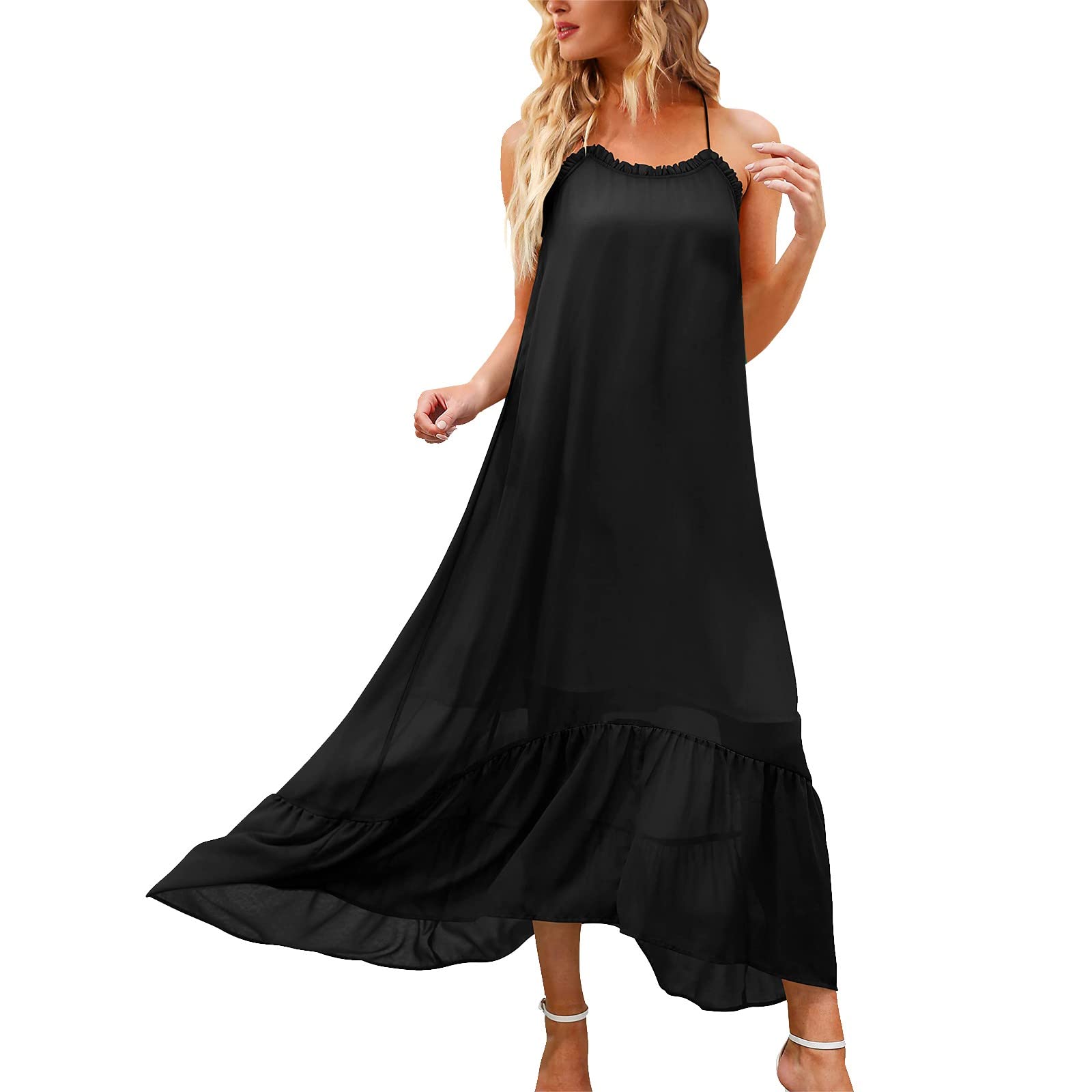 Women's Casual Summer Maxi Dress - Sleeveless Halter Beach Dress with Side Slit for Vacation, Pool Party, and Outdoor Events