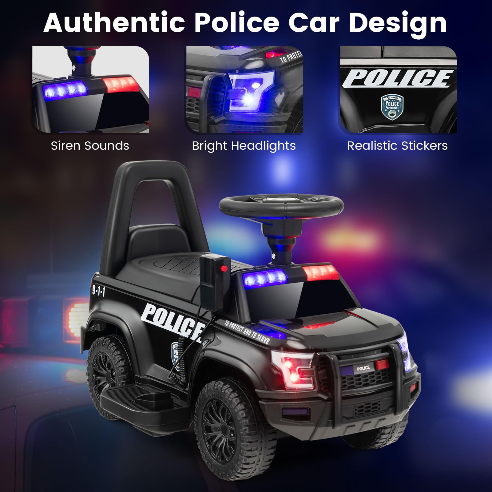 GOLUS 6V Kids Electric Police Car Toy with Megaphone, Siren, LED Lights & Music - Ride-On Toy Vehicle for Boys & Girls Ages 3-6 - Perfect for Outdoor Play, Birthday Gifts & Pretend Police Adventures