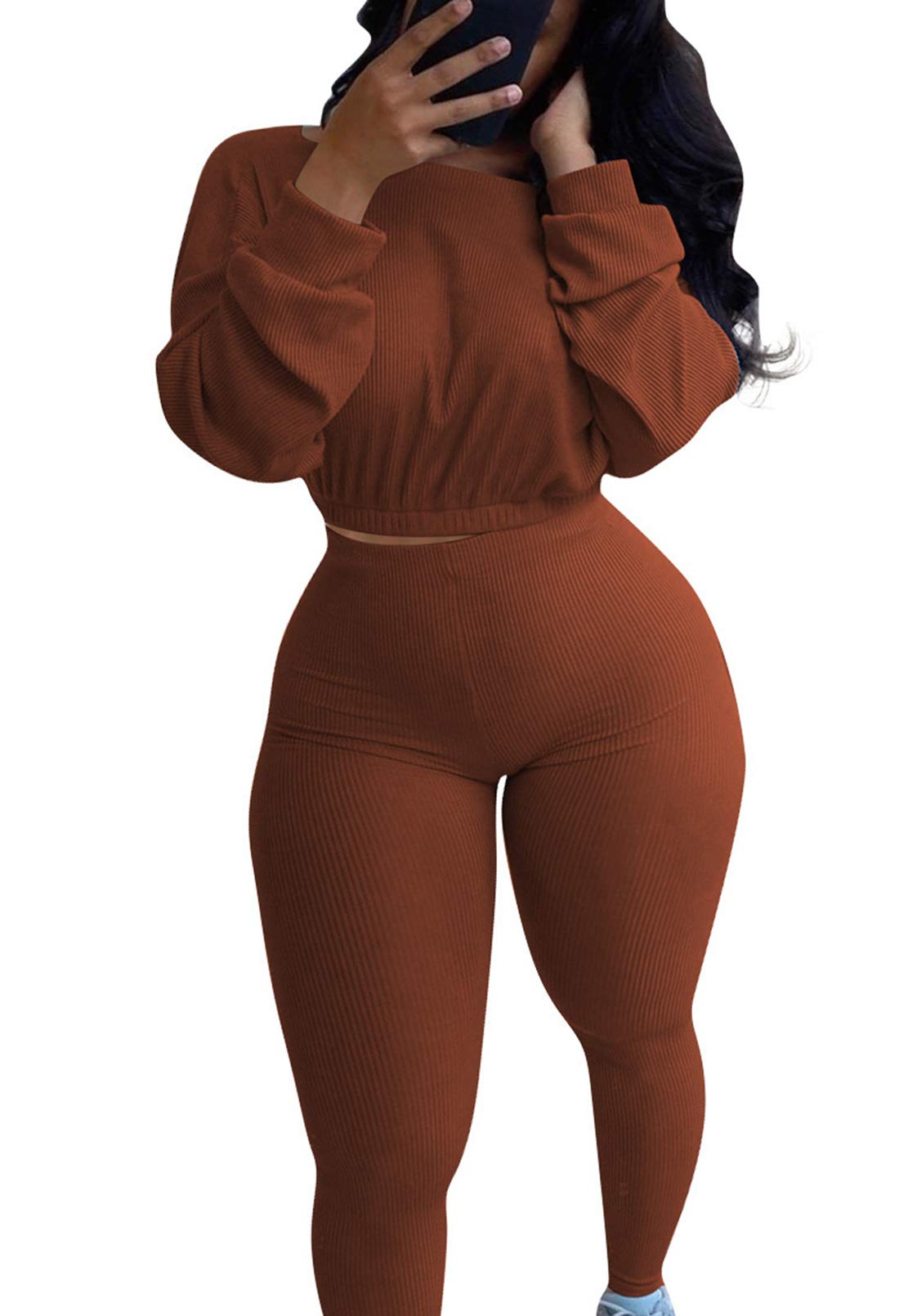 Women's Ribbed Long Sleeve Crop Top & Bodycon Jogger Pants Set - 2 Piece Solid Color Tracksuit Outfit for Gym, Yoga, Running & Casual Wear