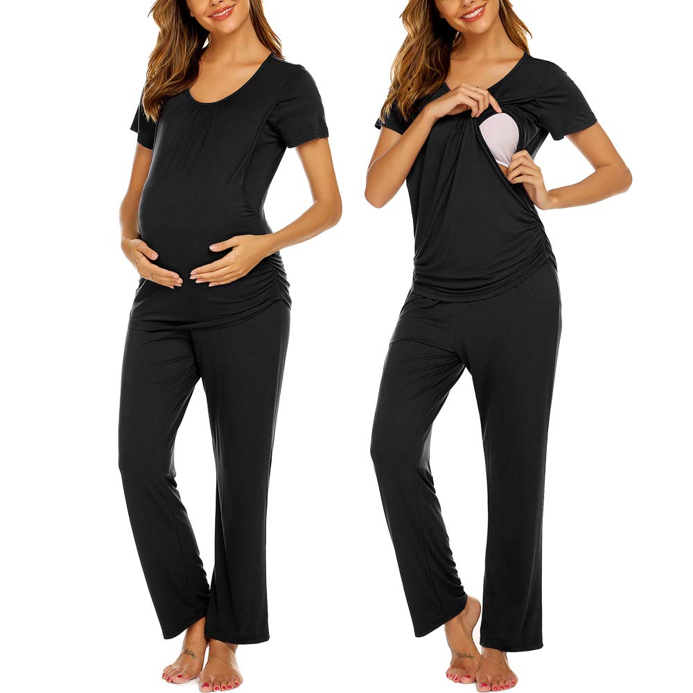 Ekouaer Women's Maternity Nursing Pajama Set - Soft Breastfeeding Sleepwear with Double Layer Short Sleeve Top & Pants - Comfortable Pregnancy PJS for Nighttime Nursing and Relaxing at Home