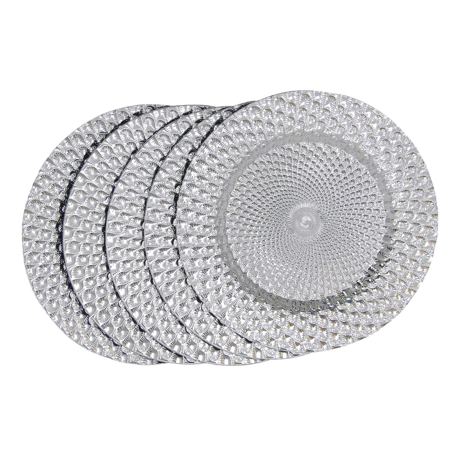 WELMATCH Silver Plastic Peacock Charger Plates - Set of 12, 13 Inch Round Decorative Dinner Plates for Wedding, Party, and Special Events (Peacock Silver)