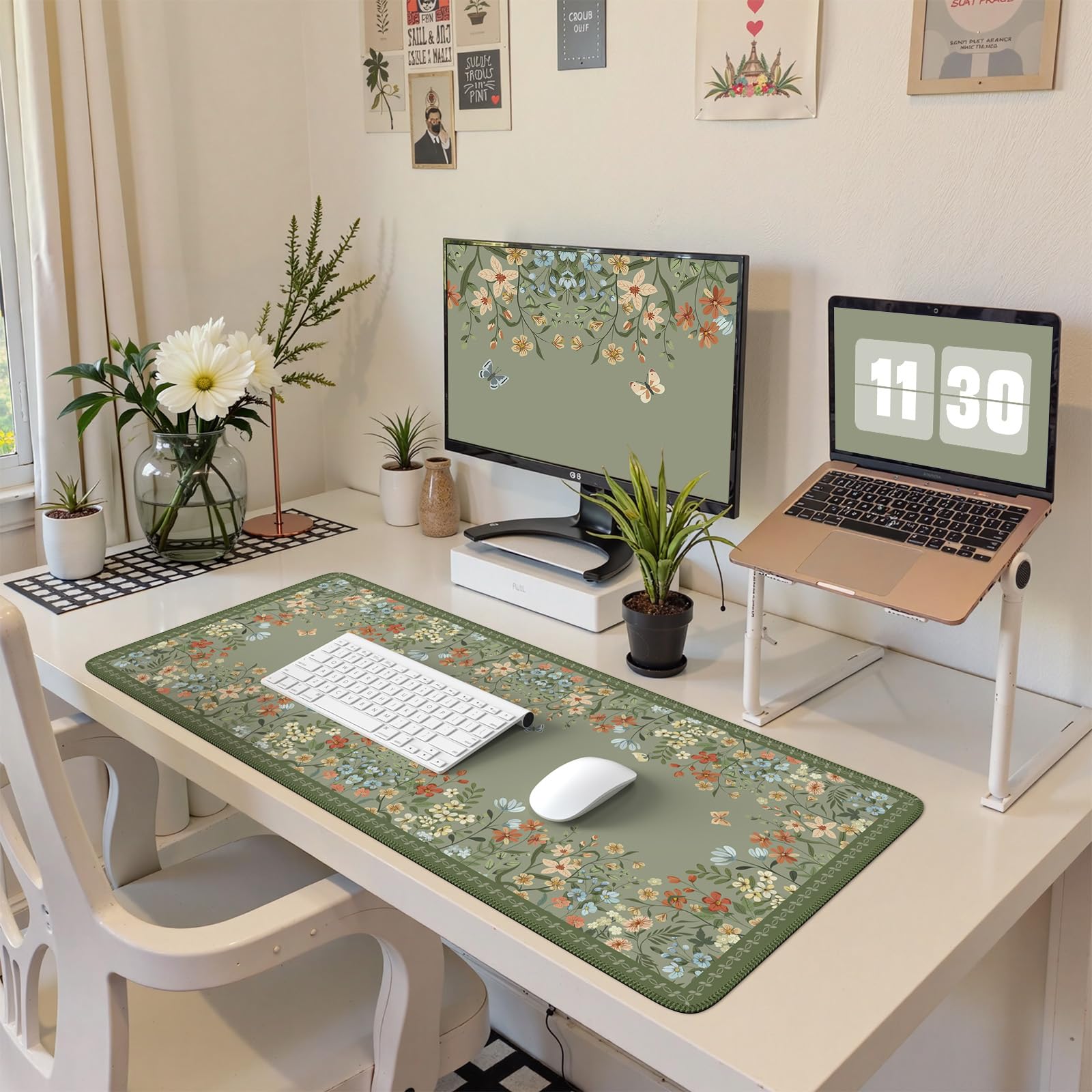 HAOCOO Floral Desk Mat - Extra Large Non-Slip Rubber Base Keyboard & Mouse Pad, Waterproof Office Desk Mat for Computer, Gaming & Work - Dark Green - Perfect for Women's Workspace & Home Office Setup