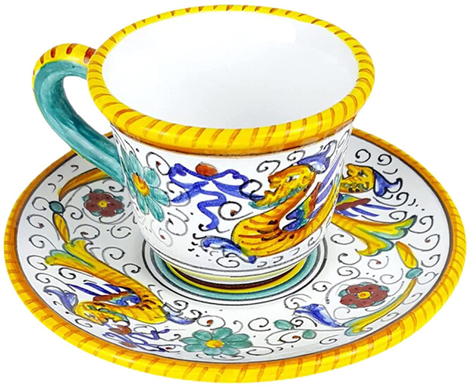 Handcrafted Deruta Italy Raffaellesco Espresso Cup & Saucer Set - 1.5oz/45mL Authentic Italian Ceramic Coffee Cup - Hand-Painted Traditional Deruta Pottery for Espresso, Cappuccino & Home Decor