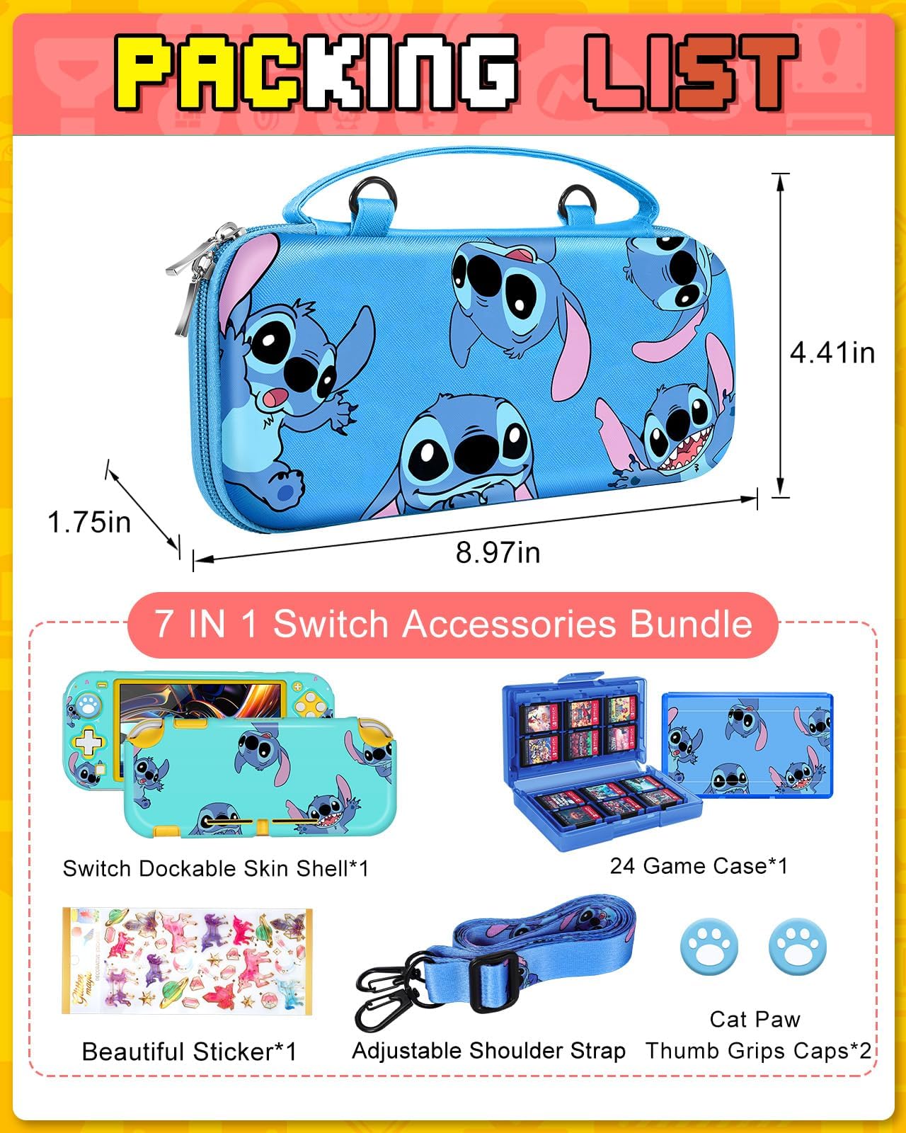 7-in-1 Nintendo Switch Lite Accessories Kit with Travel Case, Protective Cover, Game Holder, Strap, Stickers & Thumb Grips - Cute Shell Design for Boys, Girls & Kids - Perfect for Gaming On-The-Go, Travel Protection & Gift Giving