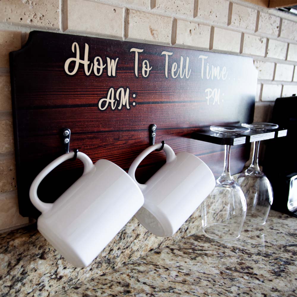 Learn How to Tell Time with Coffee Mug & Wine Glass Holder - Wooden Board Background (Hardware Included) | Perfect for Kitchen Decor, Coffee Bar & Gift Ideas