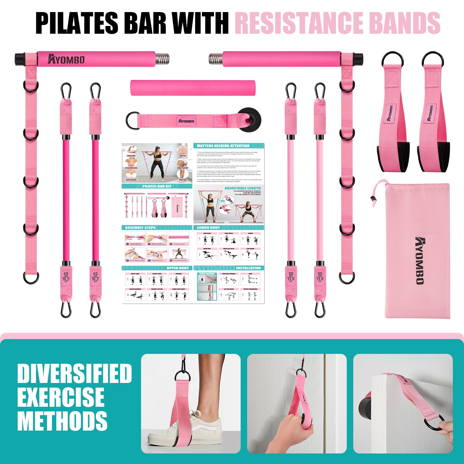 Pilates Bar Kit with Resistance Bands - Full Body Workout Equipment for Legs, Hips, Waist & Arms - Adjustable 3-Section Bar for Home Gym, Squats & Strength Training - Perfect for Women & Men Fitness Enthusiasts