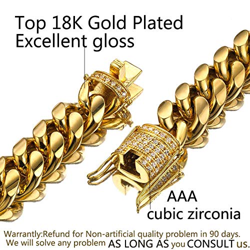 18K Gold Plated Miami Cuban Link Chain for Men - 15mm Stainless Steel Curb Necklace with CZ Diamonds | Hip Hop Jewelry, Gift for Him, Streetwear Accessory (Perfect for Parties, Dates & Special Occasions)