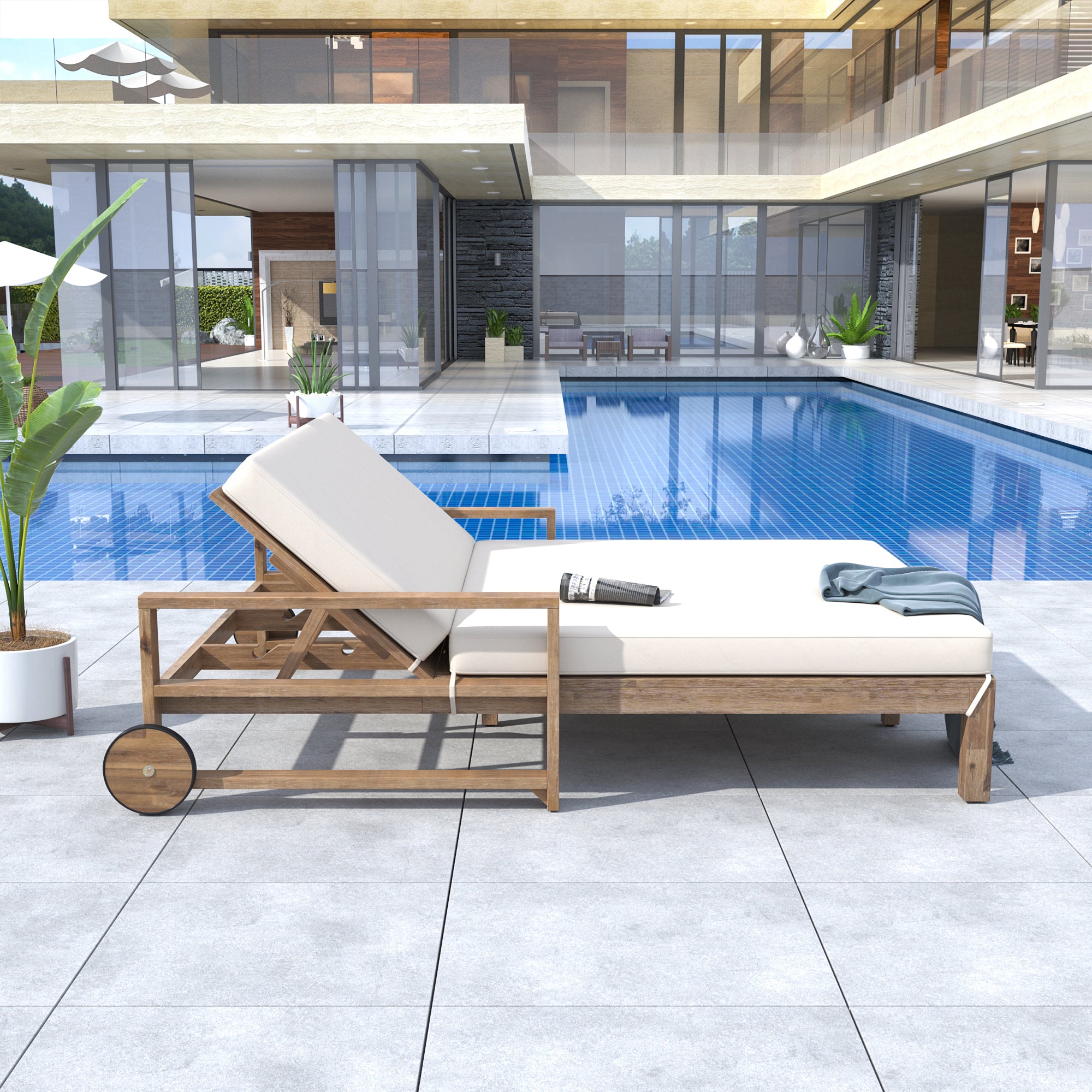 Farmhouse Style Wooden Outdoor Sunbed - 2 Person Daybed for Poolside, Garden & Backyard - Beige Patio Lounge Chair for Relaxing in Sun or Shade