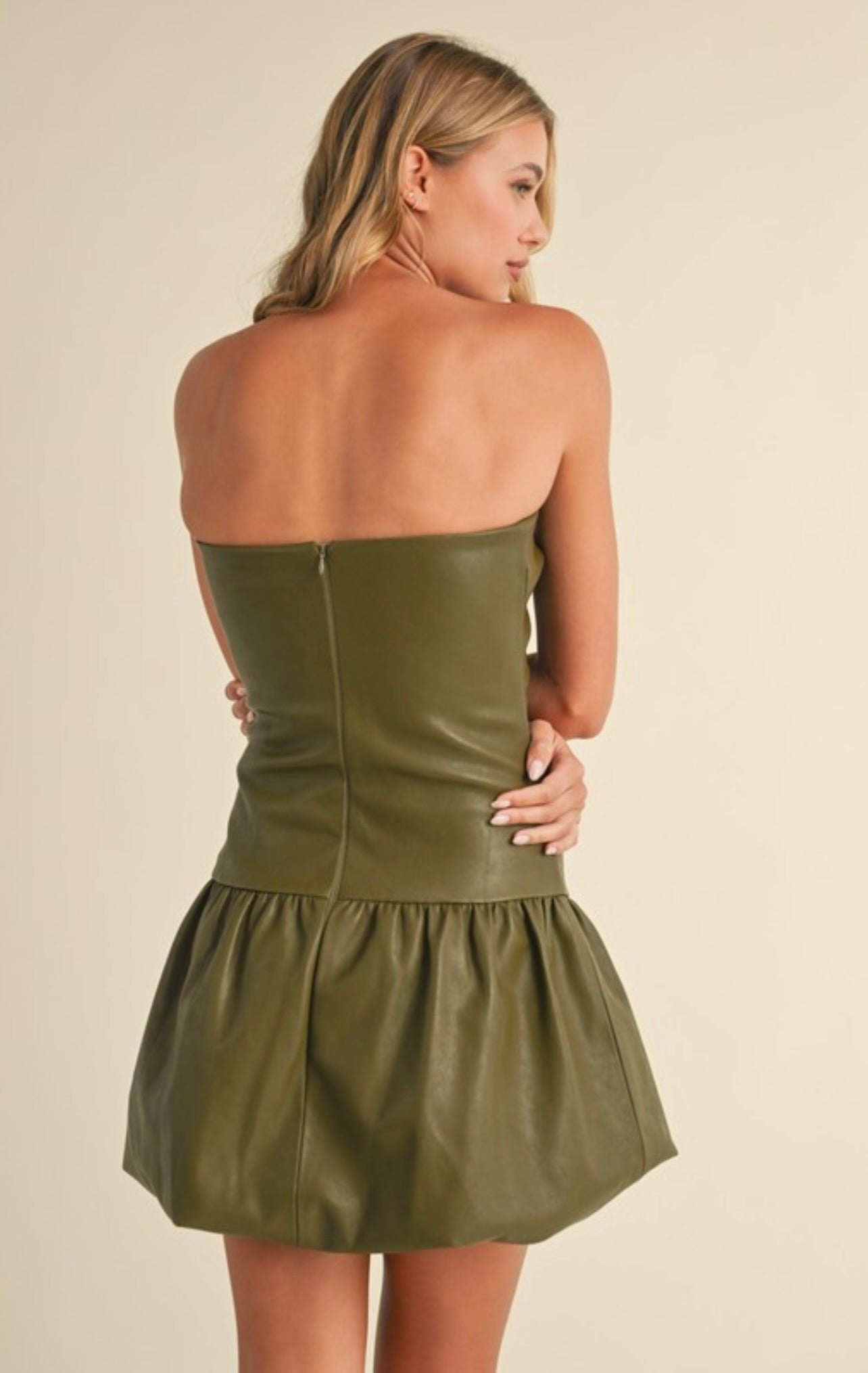 Stylish Olive Faux Leather Chevron Drop Waist Mini Dress for Women | Trendy Party & Night Out Outfit | Perfect for Dates, Clubs & Special Occasions