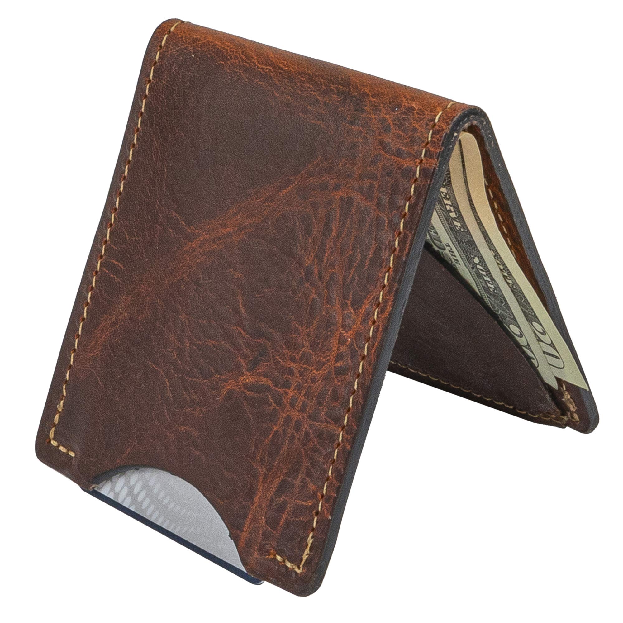 Premium Full Grain Leather Slim Bifold Wallet for Men - Made in USA | Minimalist Front Pocket Wallet in Tobacco Snakebite Brown | Perfect for Everyday Carry, Travel & Business (男士超薄双折钱包)