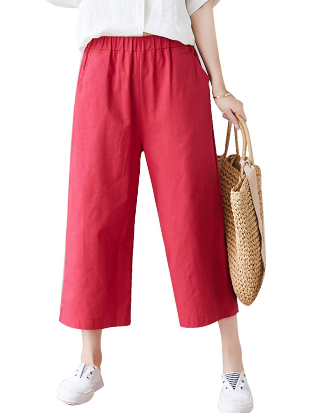 PUWEI Women's Elastic Waist Linen Wide Leg Capri Pants - Lightweight Summer Culottes for Casual Wear, Office & Travel
