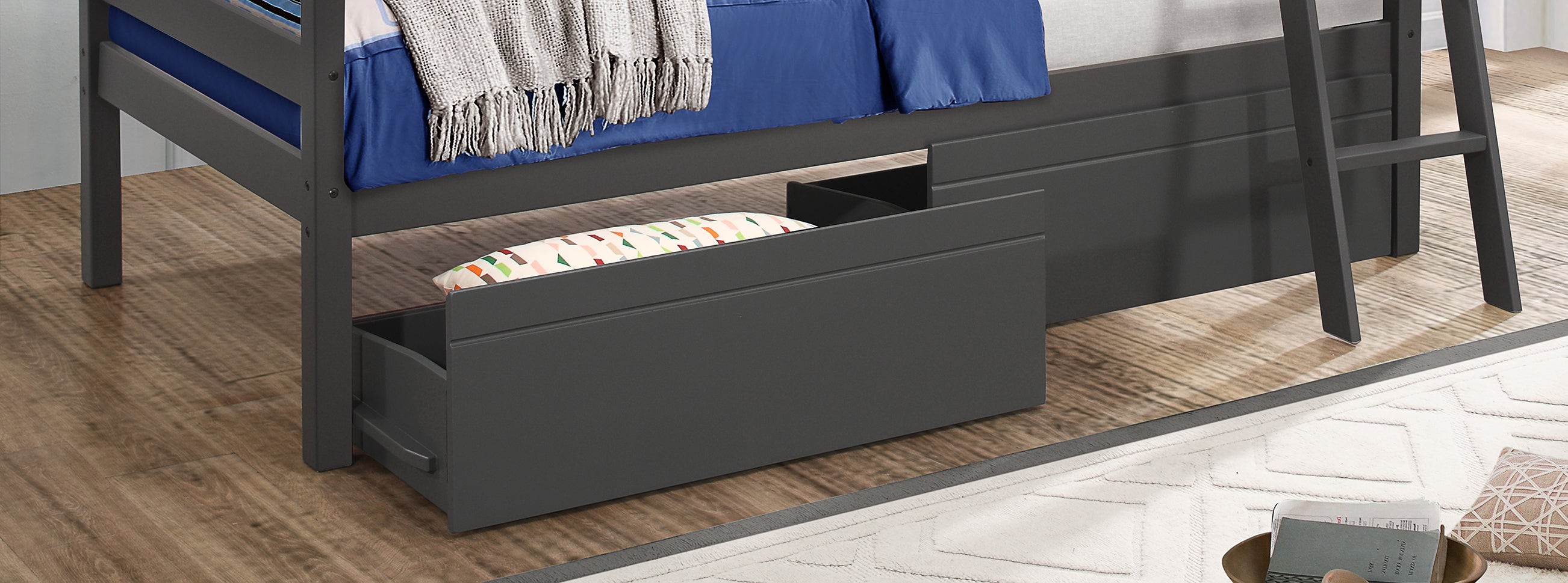 Charlie Bunk Bed with Storage Drawers - Space Saving Grey Twin/Full Size Bunk Bed for Kids & Teens - Perfect for Small Bedrooms, Dorms & Guest Rooms
