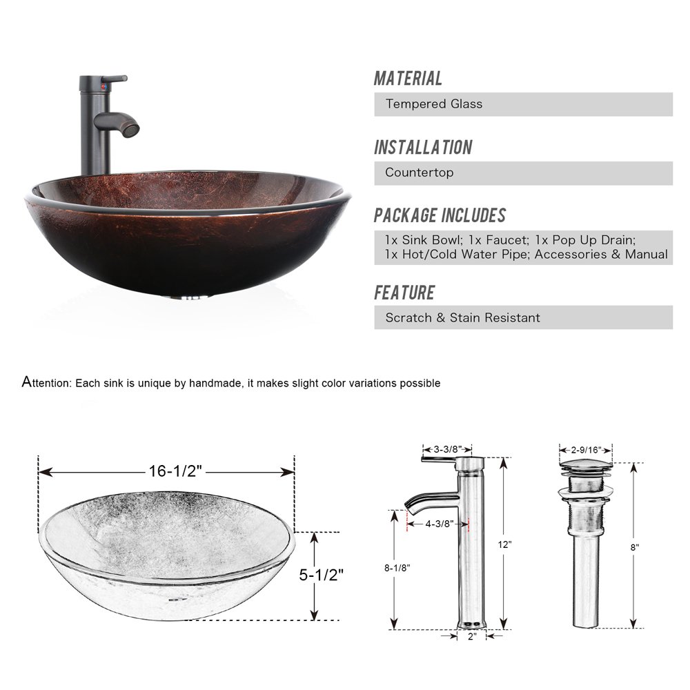 Artistic Tempered Glass Vessel Sink & Faucet Combo - Oil Rubbed Bronze for Bathroom Vanity