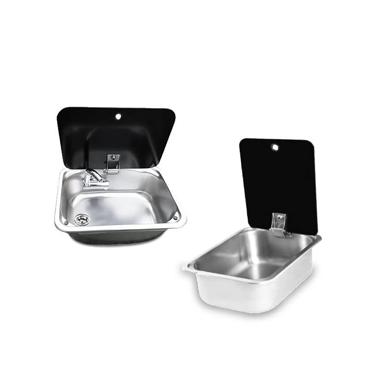 **Stainless Steel RV Sink with Folding Lid & Tempered Glass Cover - Kitchen Sink Faucet for RV, Caravan, Boat, or Bar - Perfect for Compact Spaces & Outdoor Hand Washing**