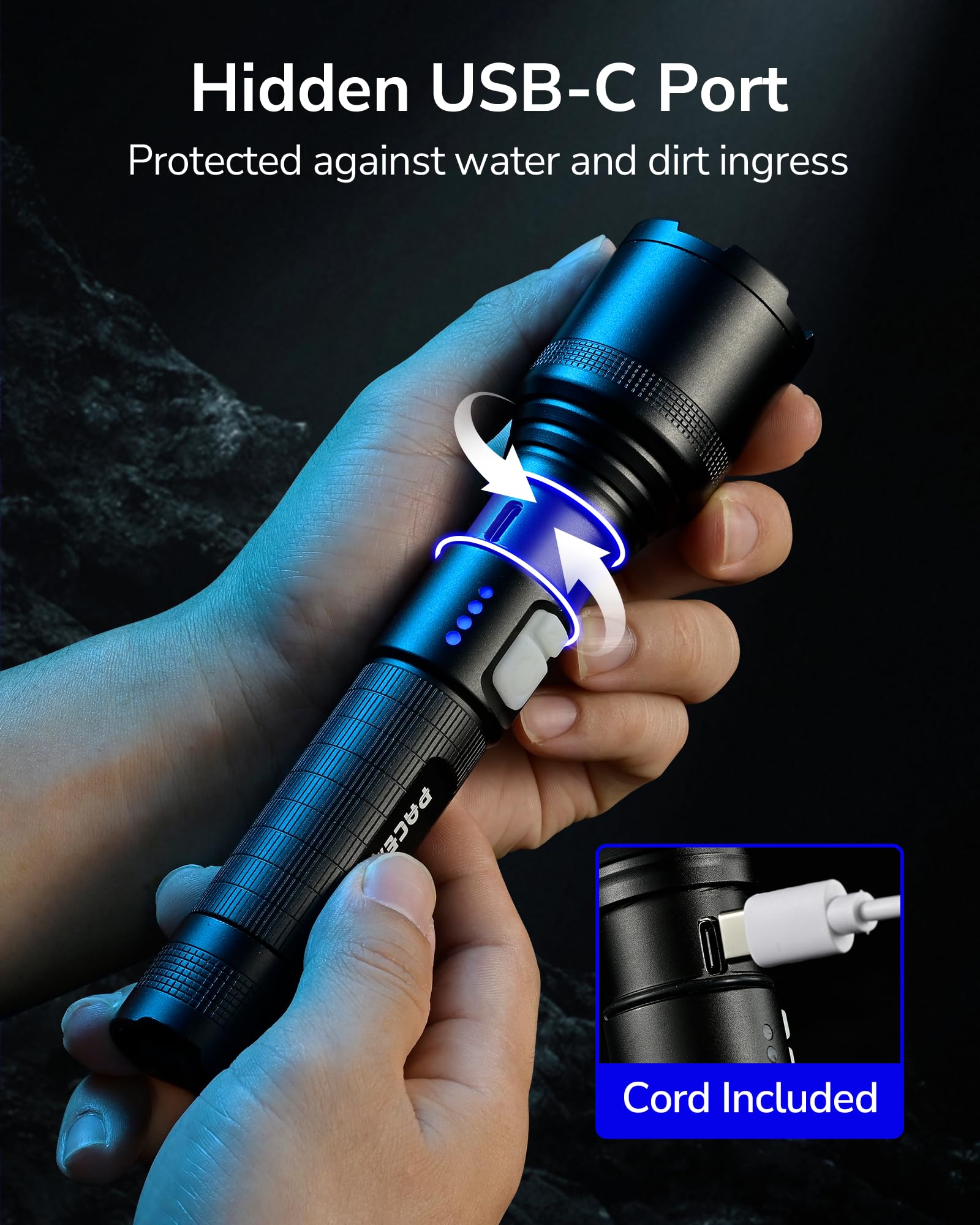 PACEARTH 2000LM Rechargeable Tactical Flashlight - High Lumens LED Flashlight with 5 Modes, Adjustable Zoom, Waterproof Design - Perfect for Camping, Hiking, Emergency & Outdoor Adventures