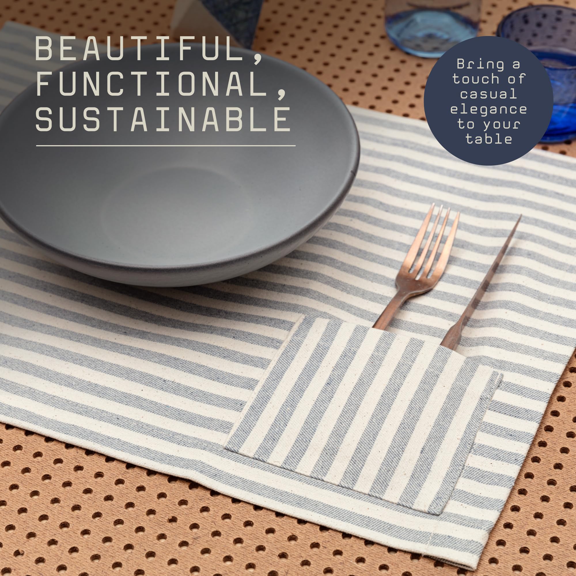 MEEMA 4-Pack Washable Placemats with Pockets - 14x20 Inch Recycled Denim & Cotton Farmhouse Table Mats for Dining Room, Kitchen, and Special Occasions | Rustic Striped Design for Home Decor and Holiday Gatherings
