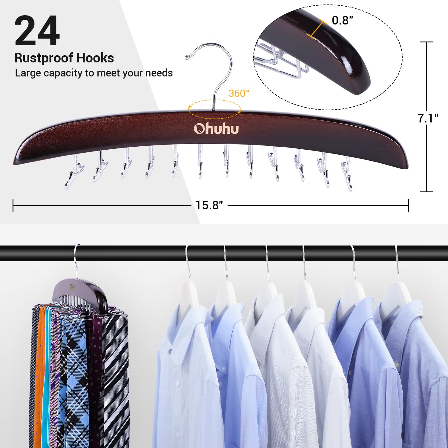 Ohuhu 24-Hook Wooden Walnut Tie Rack Organizer - 360 Degree Rotating Hanger for Neckties, Belts, Scarves & Accessories (2 Pack) - Perfect for Closet Organization & Space Saving Wardrobe Storage