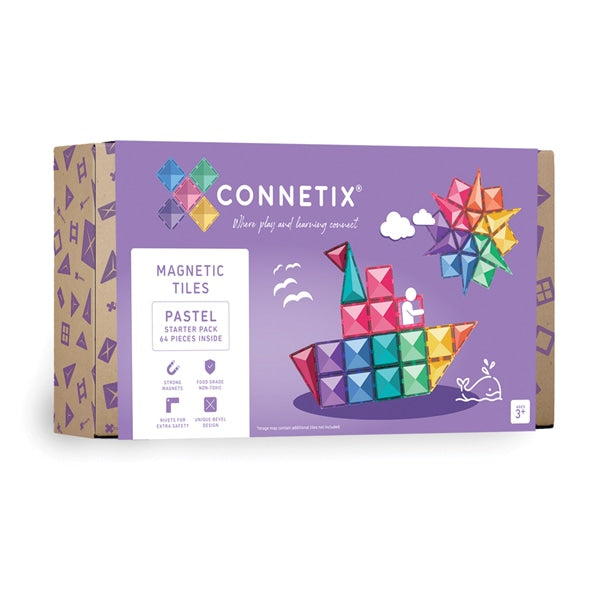 Connetix Magnetic Tiles Pastel 64 Piece Starter Pack - STEM Educational Building Toys for Kids, Creative Construction Playset for Preschool Learning & Home Playroom Activities
