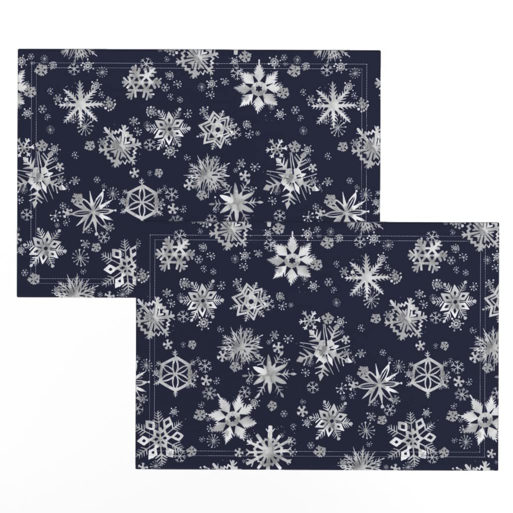 Snowflake Navy Blue Stars Winter Christmas Print Linen Cotton Canvas Placemats (Set of 2) - Elegant Holiday Table Setting for Christmas Dinner & Winter Decor