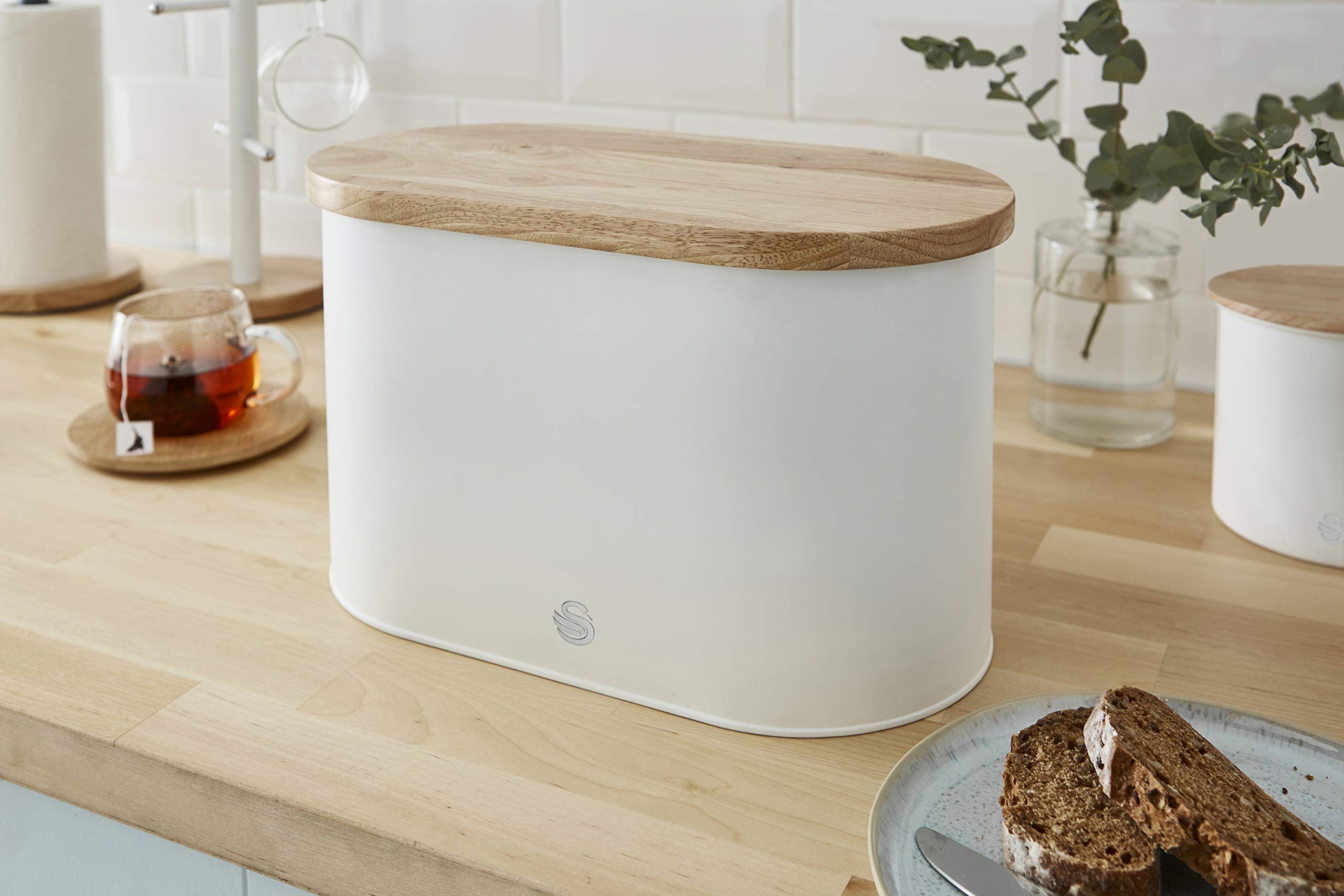 Nordic Scandi Bread Bin with Bamboo Cutting Board Lid - Swan SWKA17512WHTN | White Cotton & Steel Bread Storage Box | Perfect for Kitchen Countertop Organization & Fresh Bread Keeping